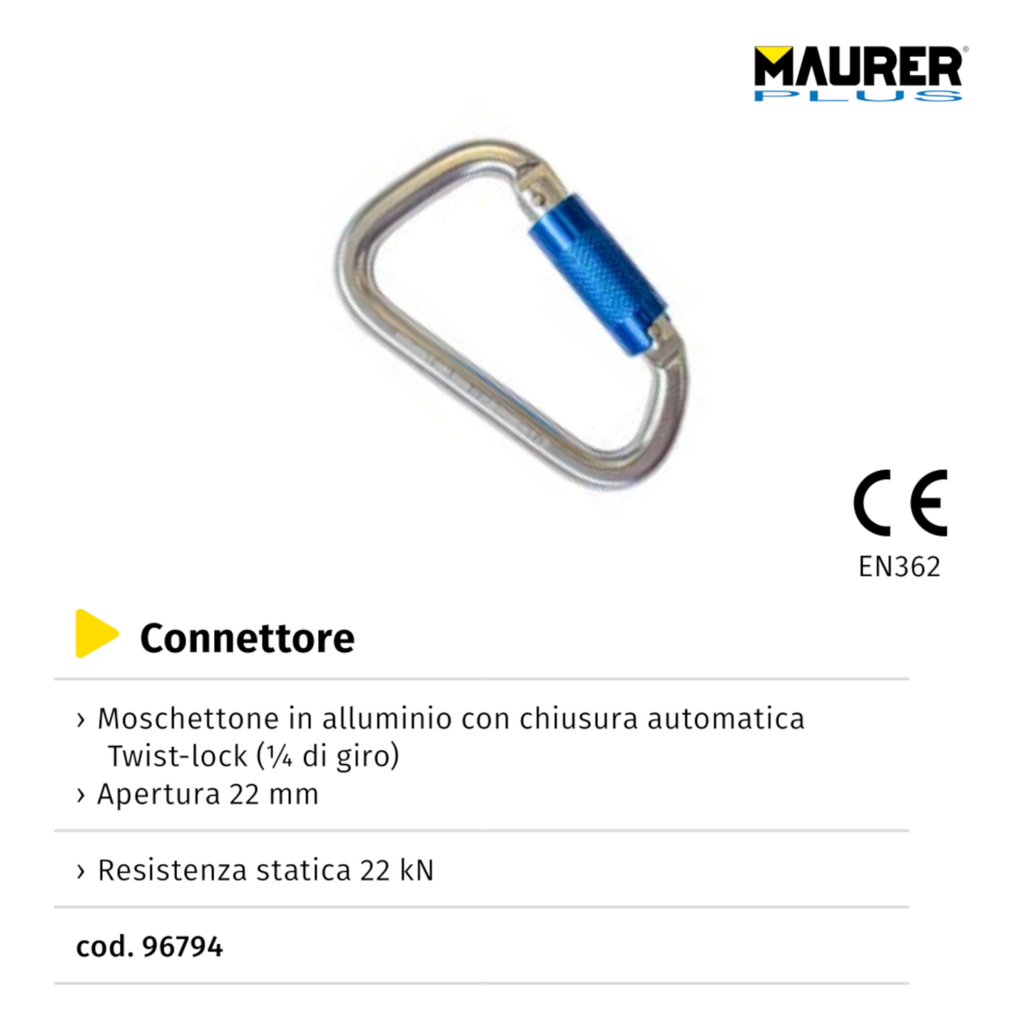 Moschettone a Vite Alluminio Twist Lock 22kN EN362 22mm Sicurezza Lavoro VBS