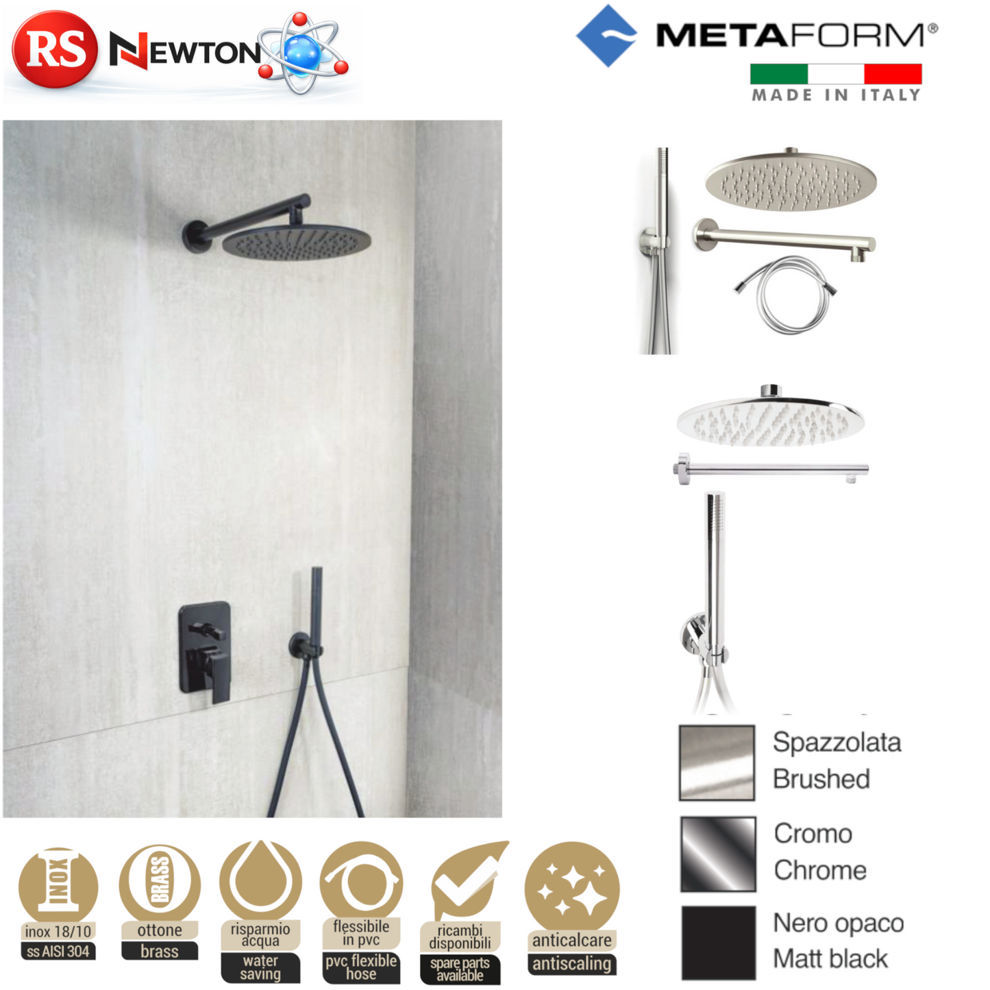 Set doccia Completo Soffione Doccino Tondo Inox AISI 304 Nero Cromo Satinato D.X