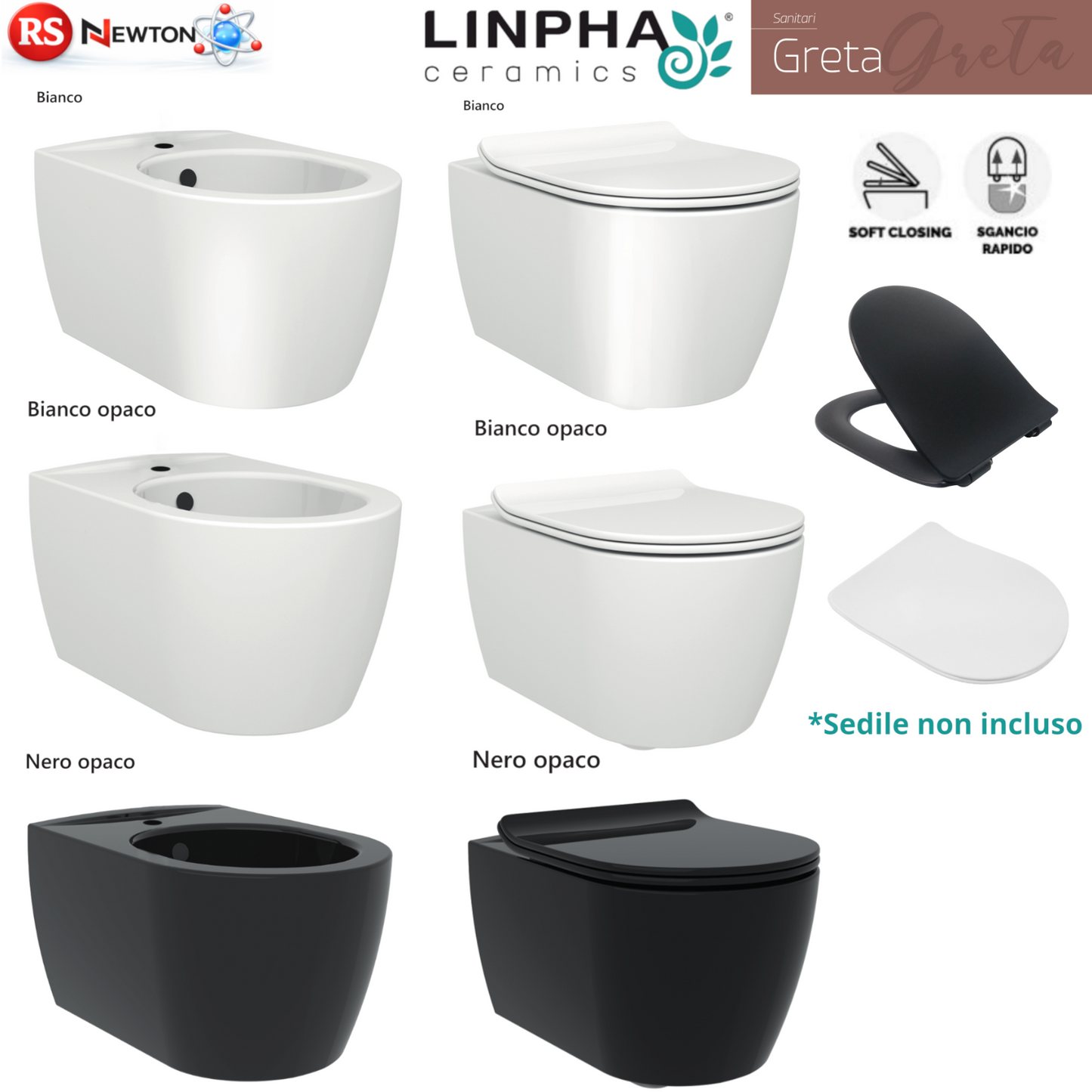 Sanitari Sospesi Bagno LINPHA Rimless WC Bidet Sedile Soft Close Bianco Nero D.X