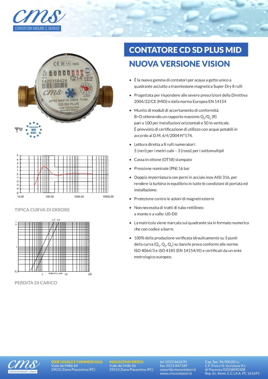 Contatore Acqua Calda 1/2" Super Dry MID DN15 Getto Unico Completo Raccordi D.X