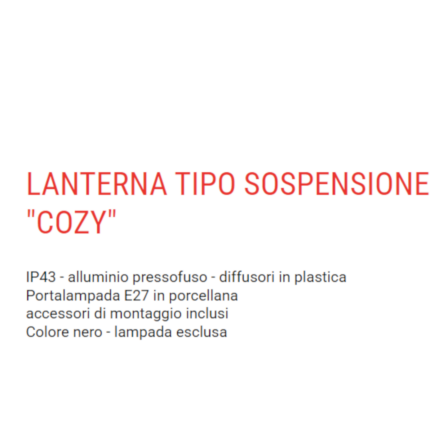 Lanterna Sospesa Esterno Nera Alluminio Lampada Giardino Moderna H 87cm VBS