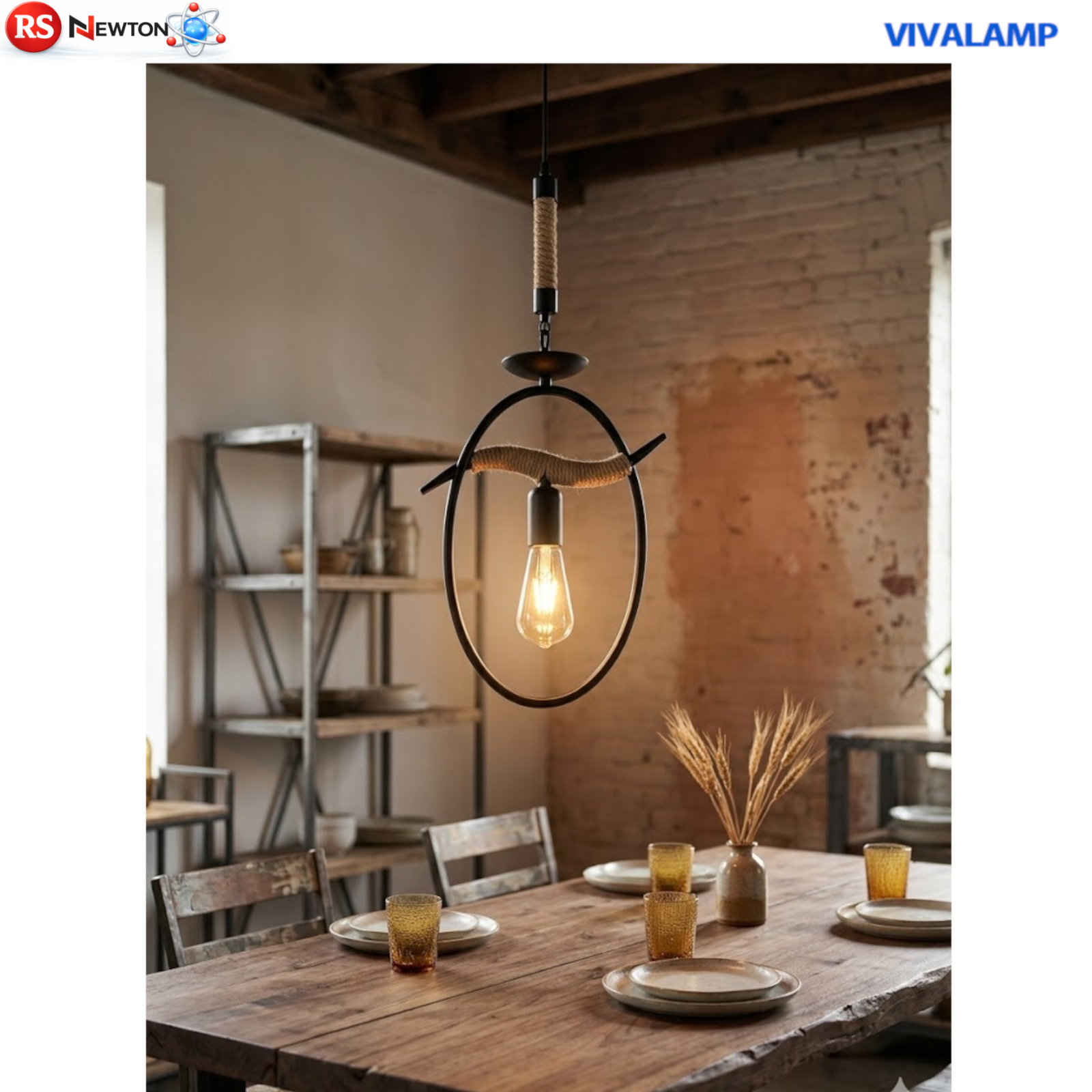 Lampadario Corda Canapa E27 Nero Vintage Industriale Ferro Battuto Rustico V.L