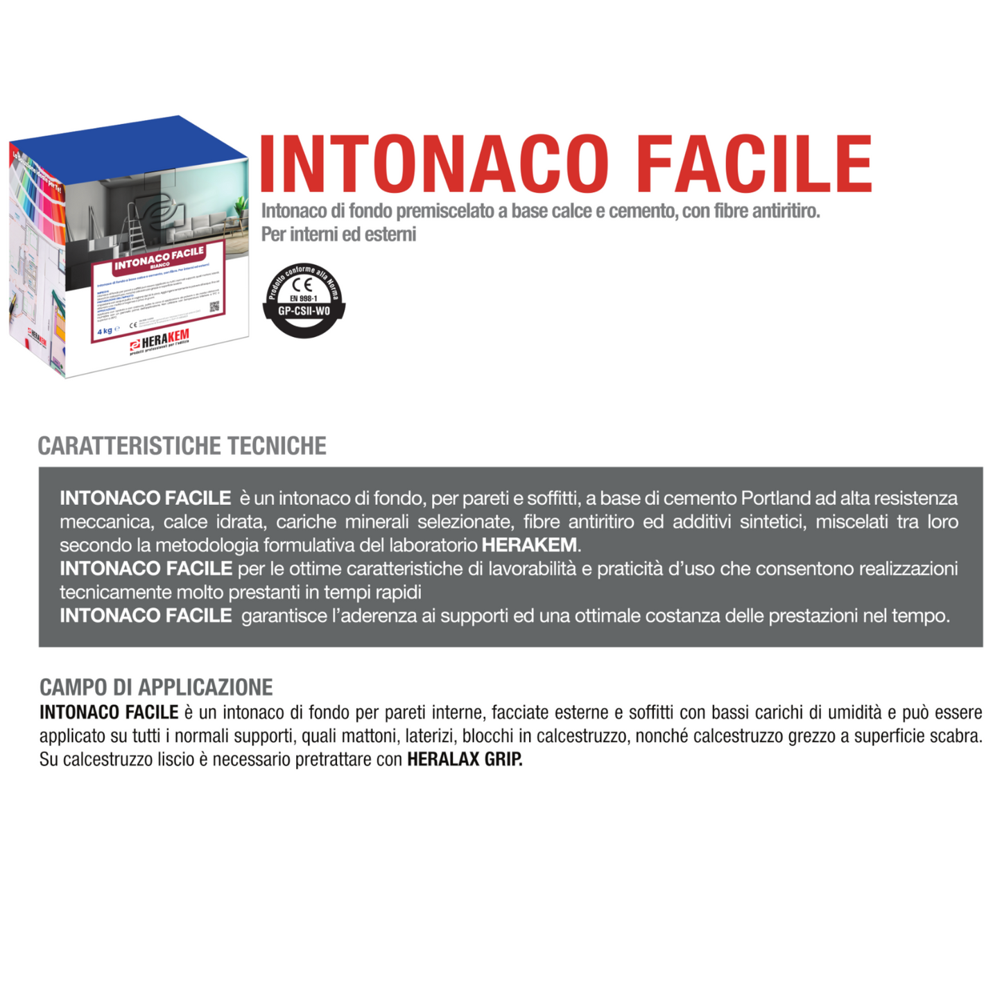 Intonaco Premiscelato Calce Cemento Interno Esterno Pareti Soffitto 5Kg HERAKEM
