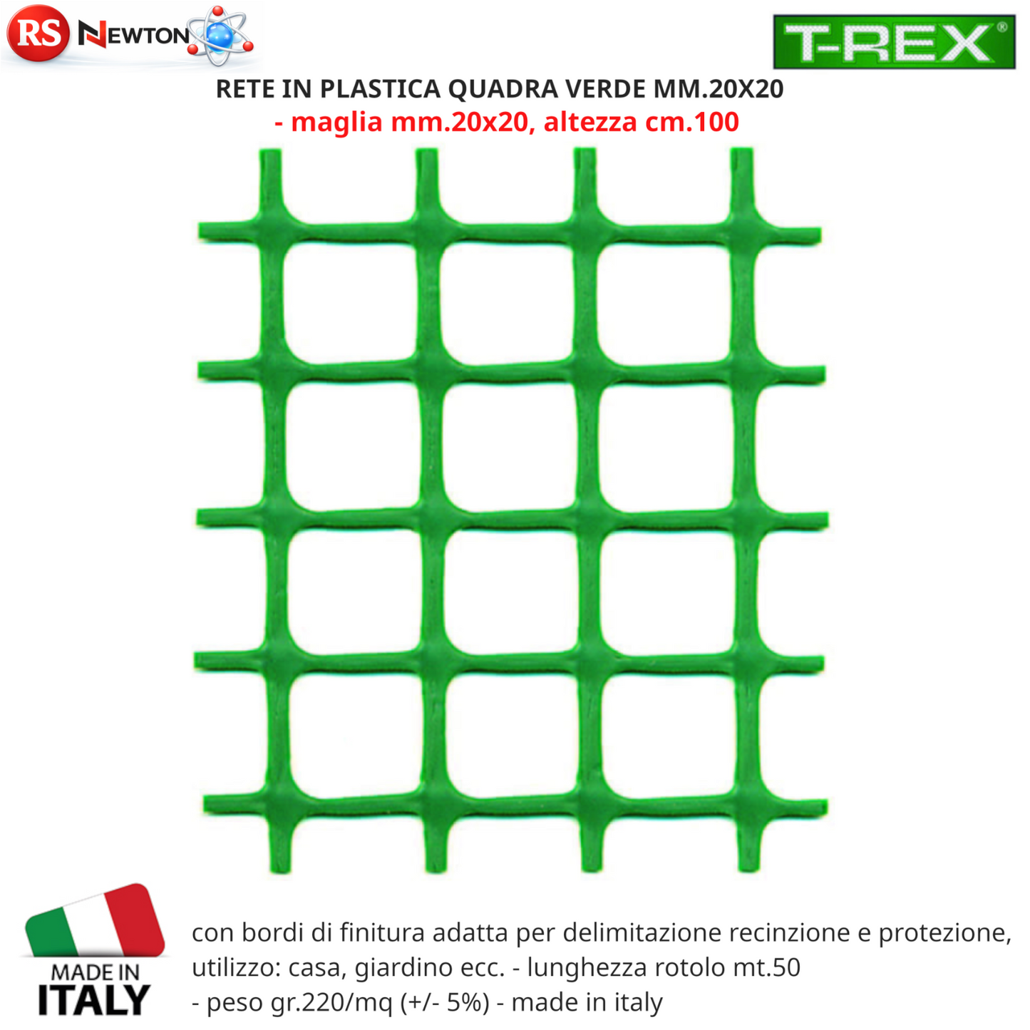 Rete in Plastica Verde Recinzione Protezione Casa Balcone 50mt Maglia 20x20 G.F
