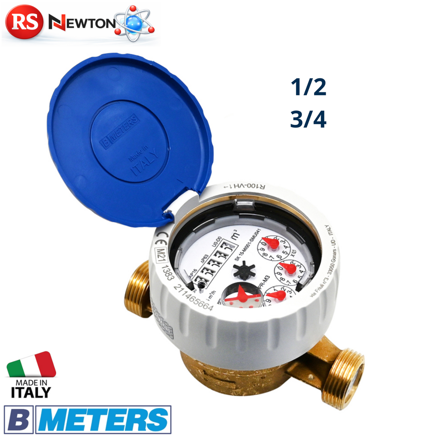 Contatore Acqua Ottone NEW DIAN 1/2 3/4” Quadrante Bagnato Completo Raccordi D.X