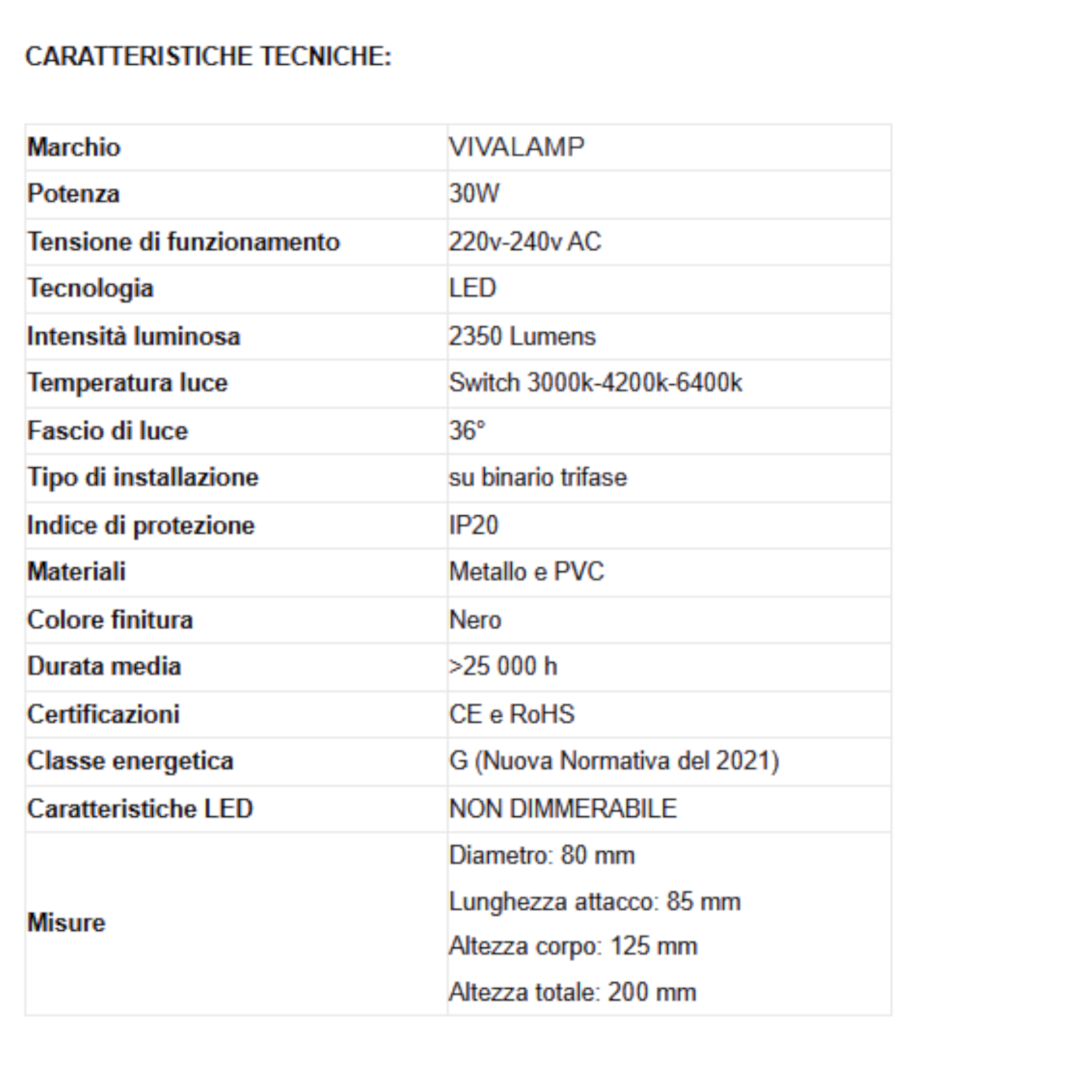 Faretto LED Binario Trifase 30W 2350lm CCT 3000K 4200K 6400K Nero Bianco V.L