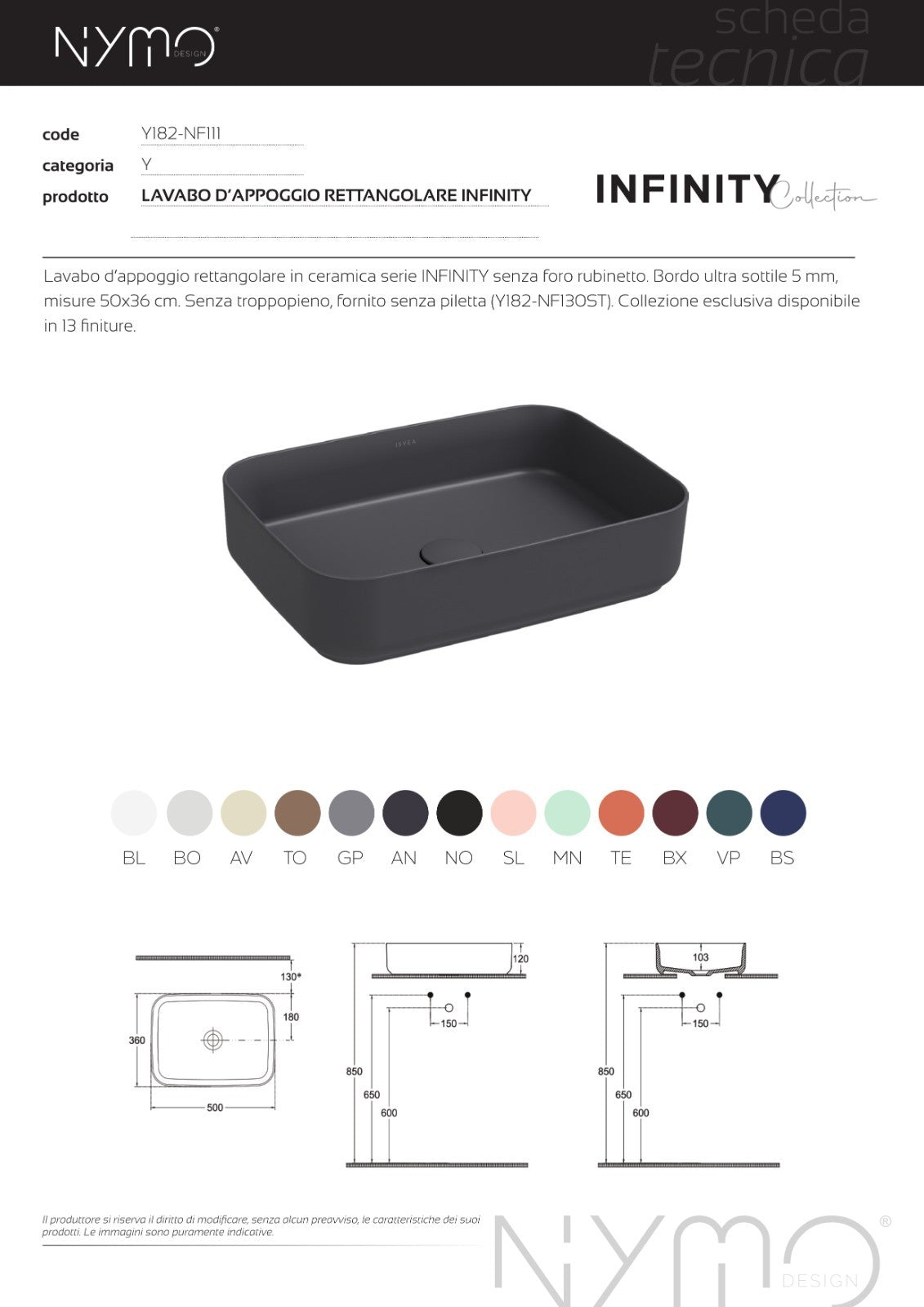 Lavabo Bagno Da Appoggio Rettangolare NYMO Ceramica Moderno Ultra Sottile D.X