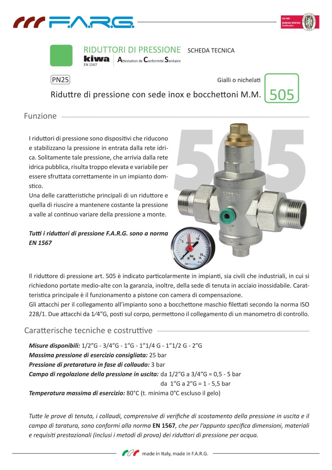 Riduttore Di Pressione FARG Con Sede INOX e Bocchettoni MM 1/2" 3/4" 1" D.X