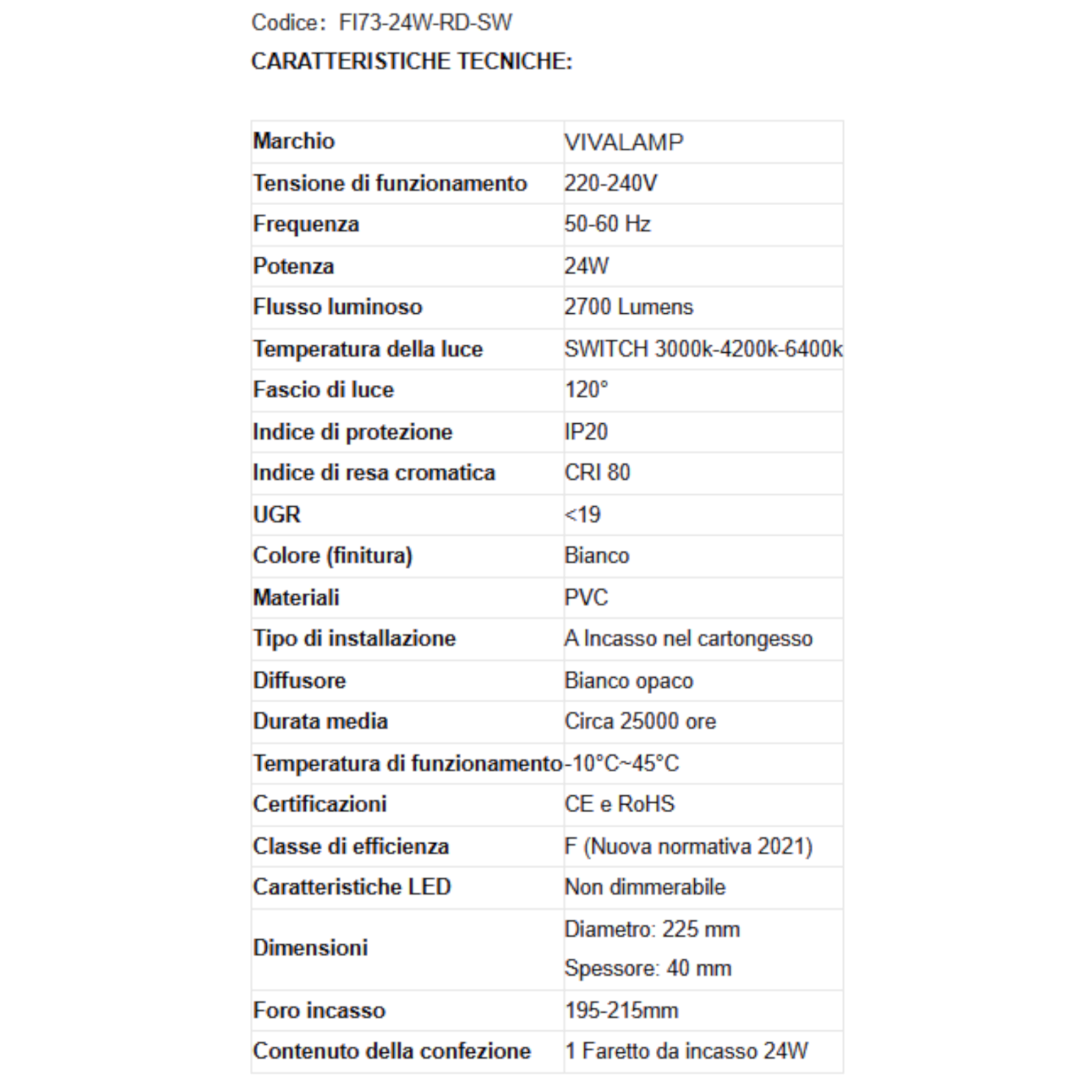 Faretto LED Incasso Rotondo 24W Ø225mm CCT 3000K 4200K 6400K Per Cartongesso V.L
