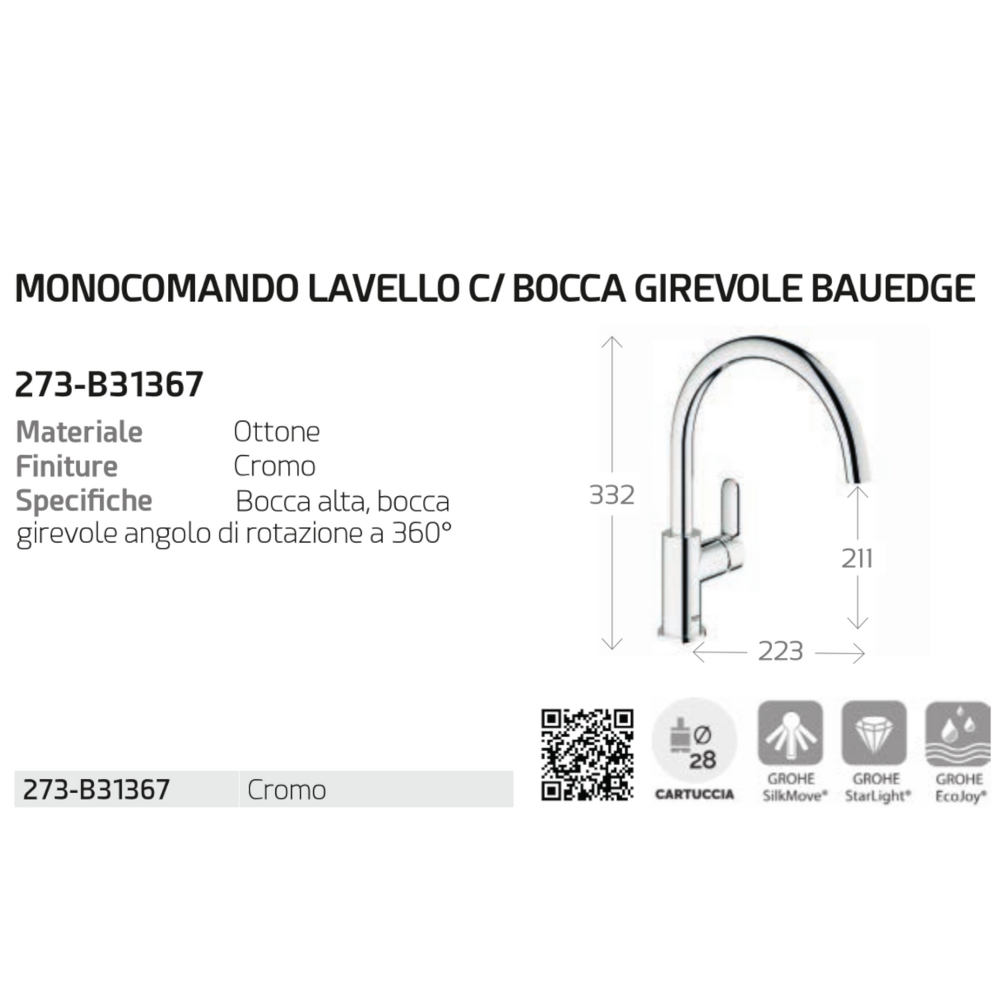 Rubinetto Miscelatore Bagno Lavabo Bidet Vasca Doccia Ottone GROHE BAUEDGE D.X