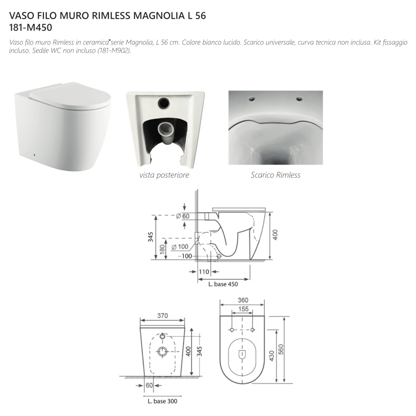 Sanitari Filo Muro LINPHA MAGNOLIA Rimless Vaso WC Bagno Bidet Copri Water D.X