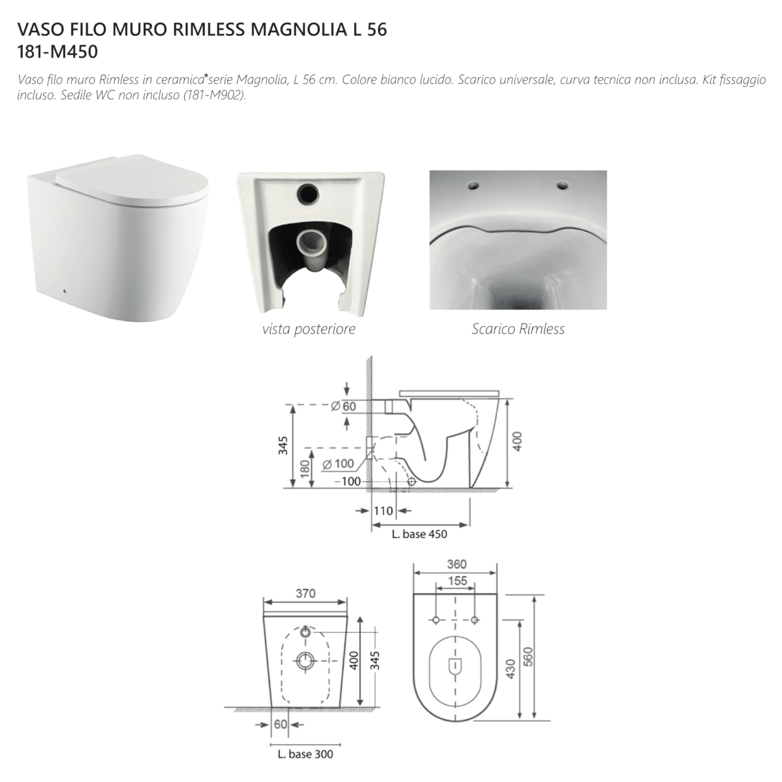 Sanitari Filo Muro LINPHA MAGNOLIA Rimless Vaso WC Bagno Bidet Copri Water D.X