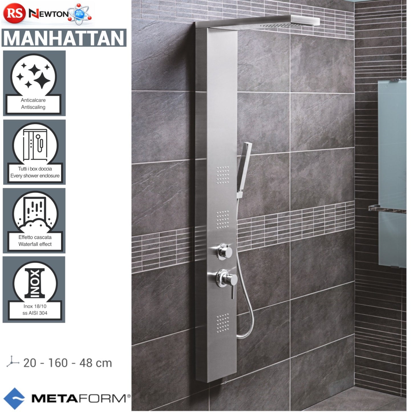 Pannello Doccia Anticalcare INOX ASISI 304 Effetto Cascata Cromo Satinato D.X