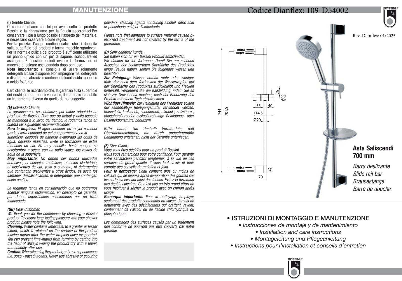 Asta Saliscendi Doccia Completo BOSSINI Doccetta Flessibile Porta Sapone D.X
