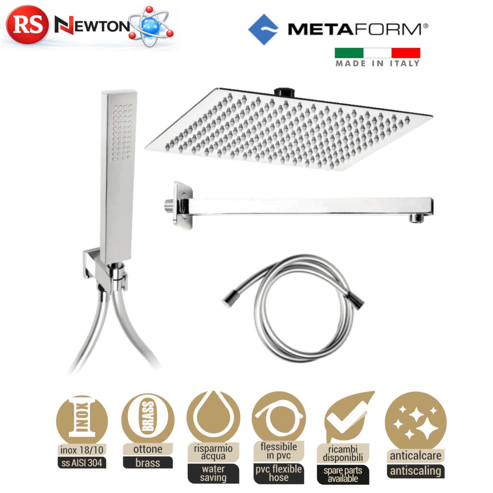 Kit Soffione Doccia Completo Quadrato Acciaio Inox AISI 304 Ottone Cromato D.X