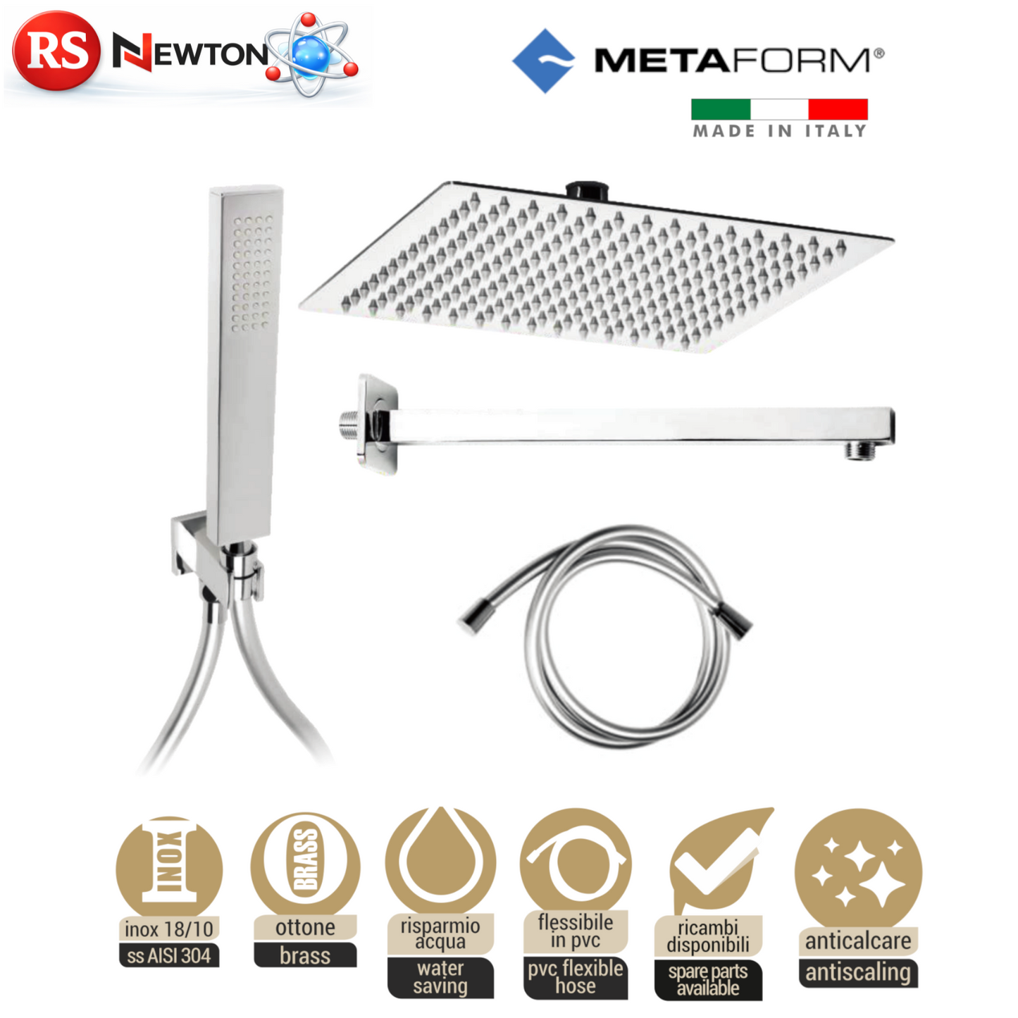 Kit Soffione Doccia Completo Quadrato Acciaio Inox AISI 304 Ottone Cromato D.X
