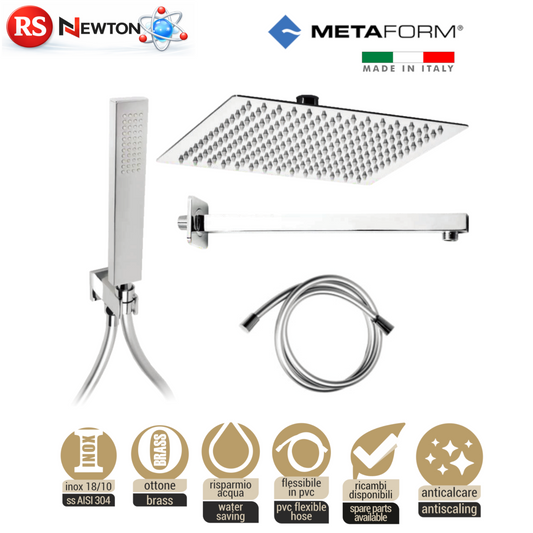 Kit Soffione Doccia Completo Quadrato Acciaio Inox AISI 304 Ottone Cromato D.X