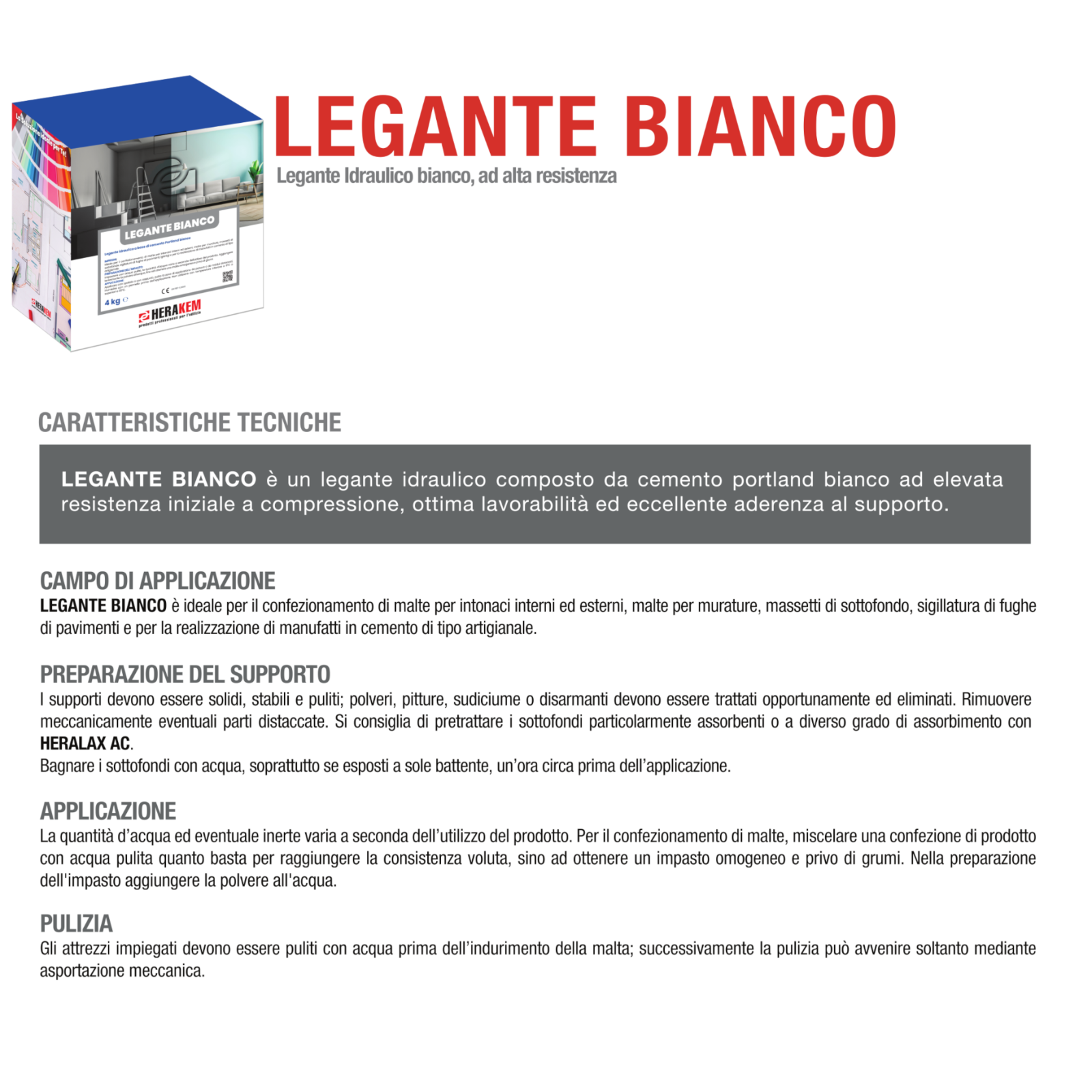 Cemento Bianco Portland LEGANTE BIANCO Malta Intonaco Muratura Massetti HERAKEM