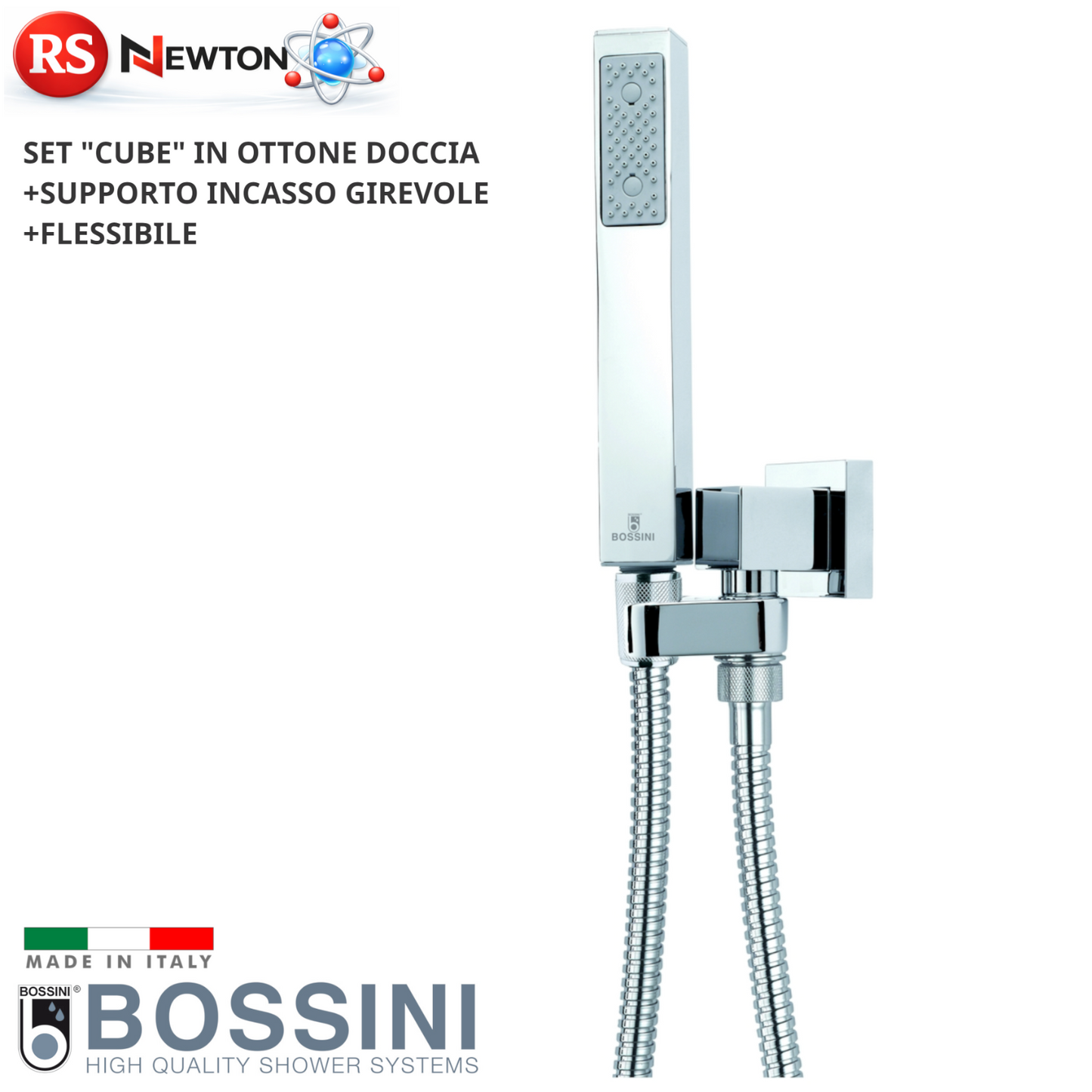 Set Doccia CUBE in Ottone Doccetta + Flessibile 150cm + Supporto Girevole D.X