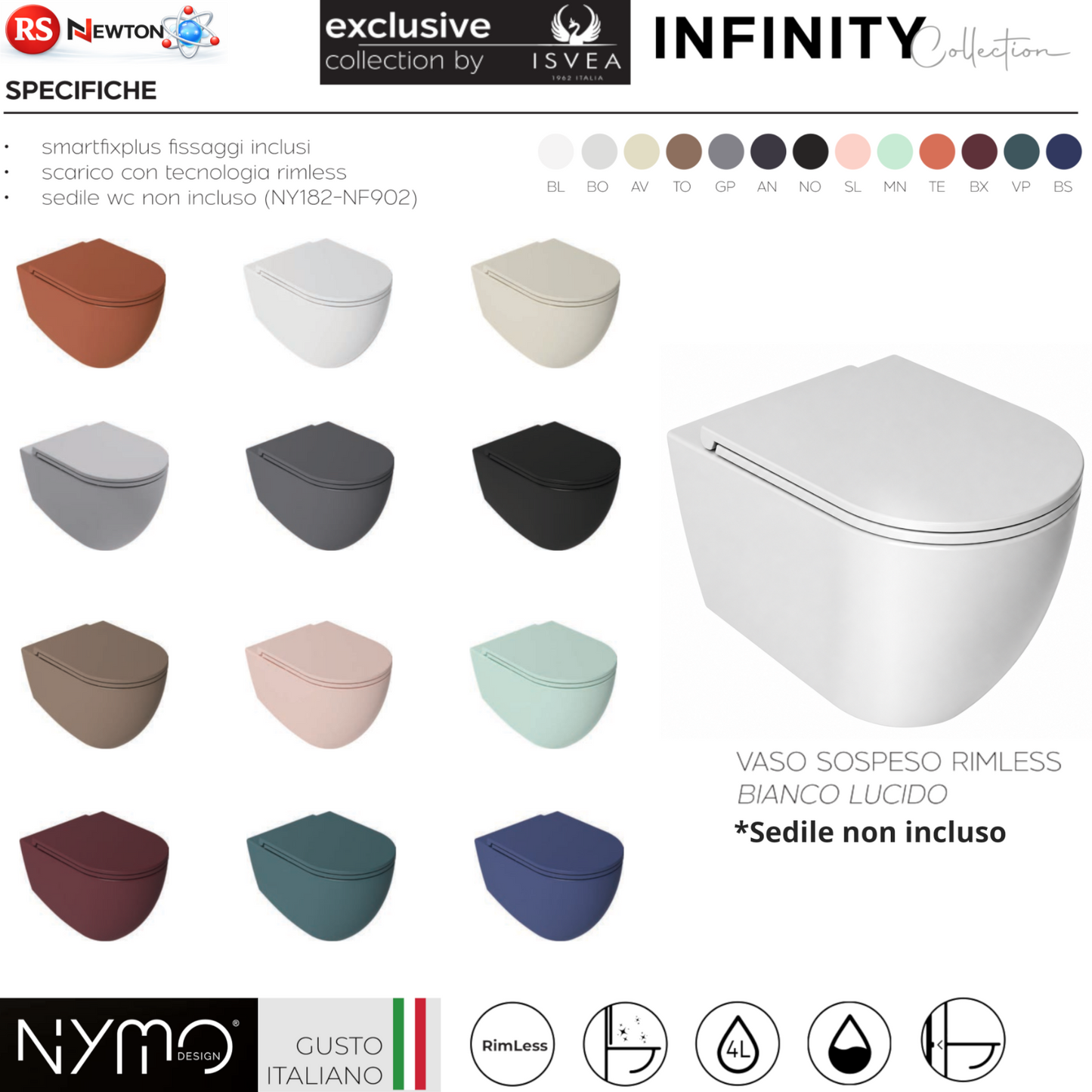 Sanitari Bagno Sospesi NYMO INFINITY Vaso WC Water Ceramica 13 Colori Modern D.X