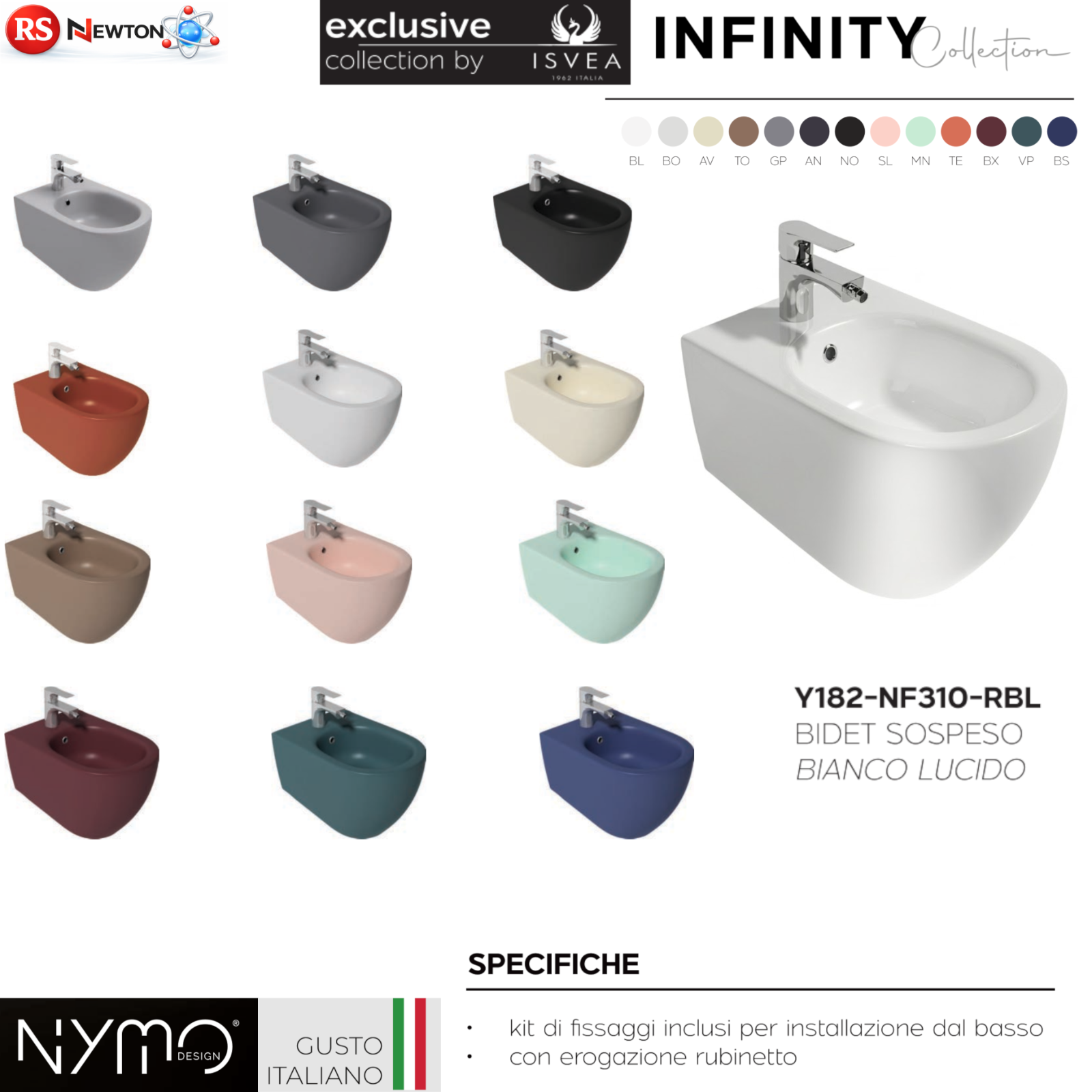 Bidet Sospeso INFINITY Sanitari Bagno Ceramica Moderno Fissaggi Nascosti D.X