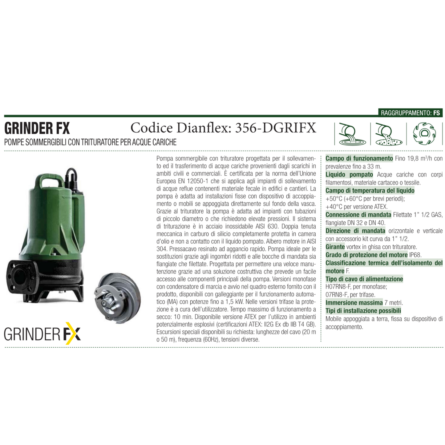Pompa Sommersa con Trituratore DAB GRINDER FX 2.1 HP Acque Nere Luride Inox D.X