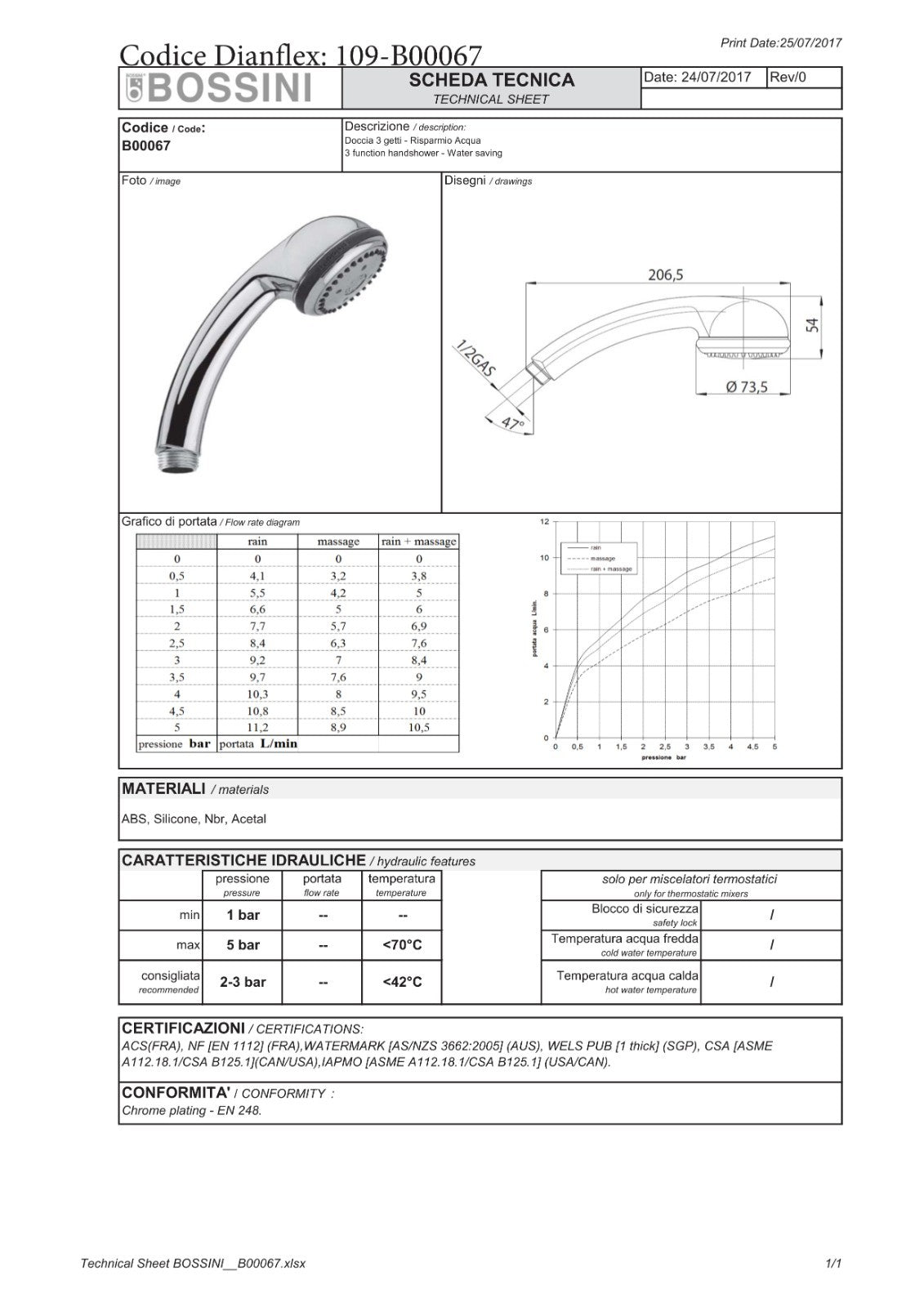 Doccia a Mano Doccetta Anticalcare Moderno BOSSINI Lavello Bagno Cucina wc D.X