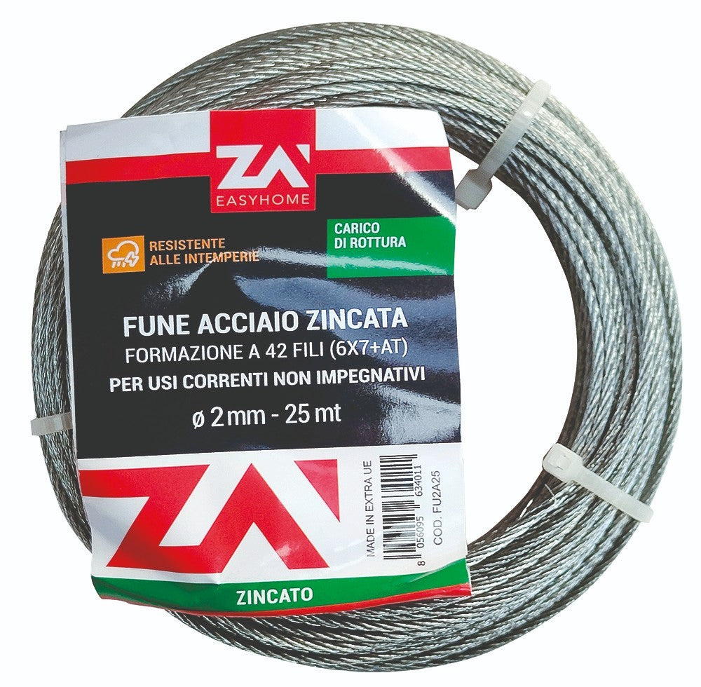 Fune Acciaio ZINCATO Cavo Corda Filo 25 Metri Ø 2 3 4 5 6 mm a 42 Fili VBS