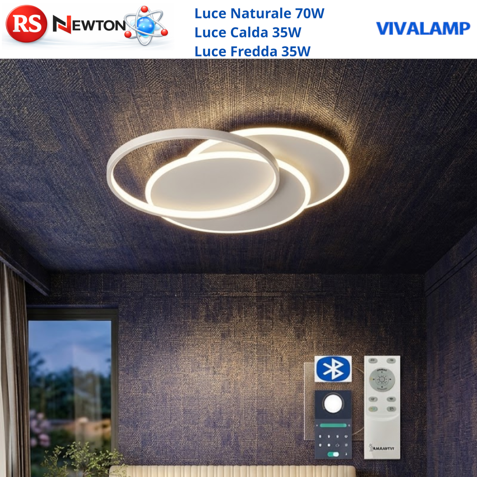 Lampadario LED 70W Moderno Plafoniera a Cerchi Telecomando APP Dimmerabile V.L