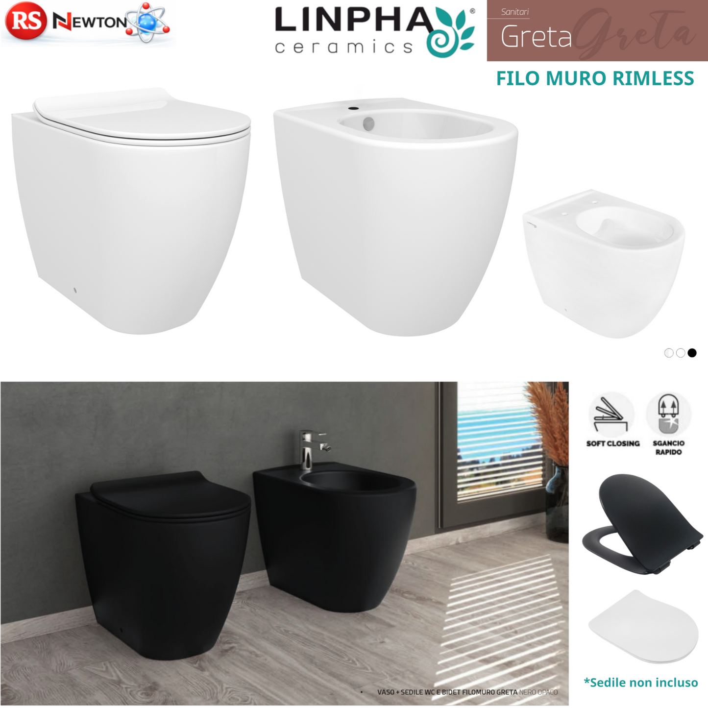 Sanitari Bagno Filo Muro LINPHA Vaso WC Bidet Sedile Soft Close Bianco Nero D.X