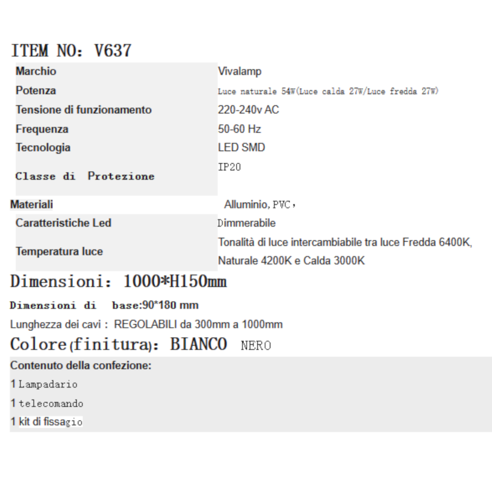 Lampadario LED Moderno Bianco Nero 54W Dimmerabile Telecomando 3 Luci 100cm V.L