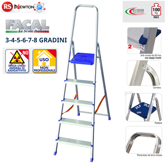 Scala Alluminio FACAL 3 4 5 6 7 8 Gr Made Italy Antiscivolo 100Kg Domestica VBS