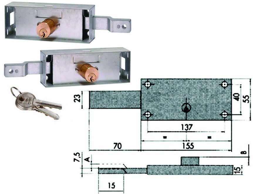 Coppia Serrature Laterale Serranda CISA Cilindro Fisso Tondo mm155x15x55h G.F