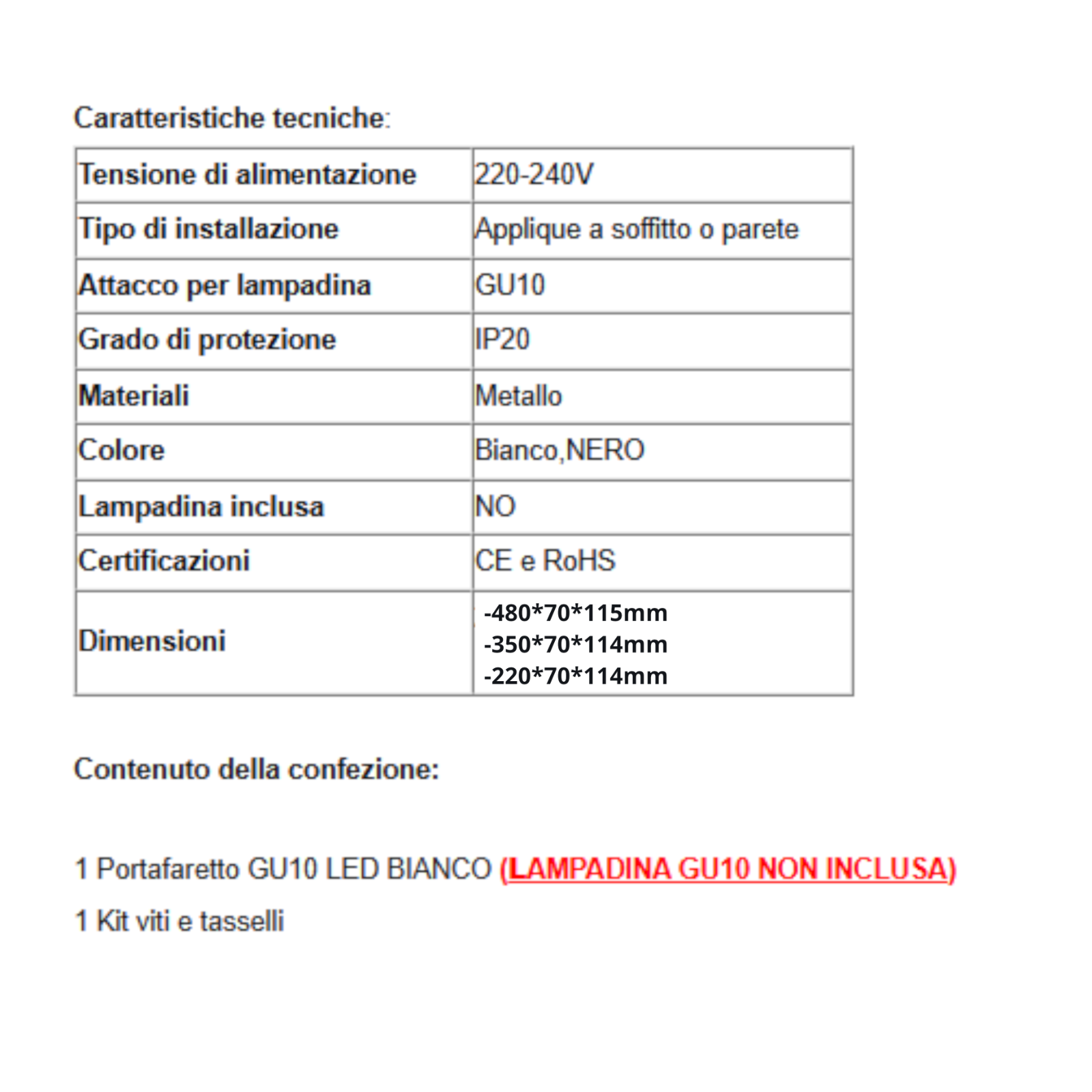 Portafaretto GU10 Applique Soffitto Parete Faretti a Incasso Bianco Nero LED V.L