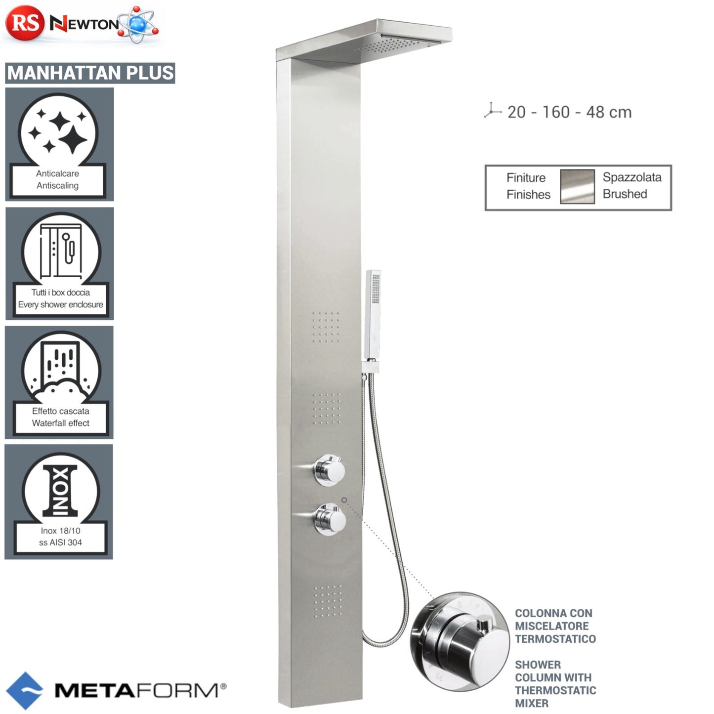 Pannello Doccia Con Miscelatore Termostatico PLUS in Acciaio INOX ASISI 304 D.X
