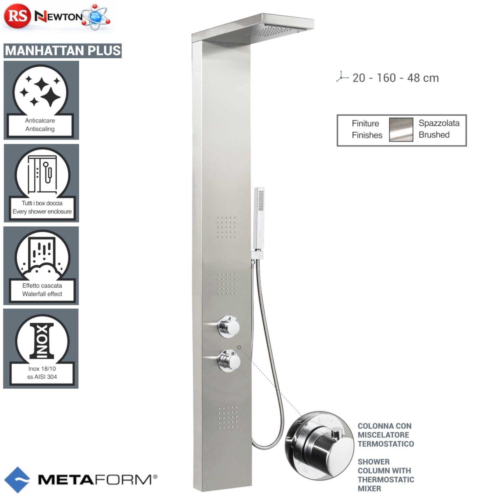Pannello Doccia Con Miscelatore Termostatico PLUS in Acciaio INOX ASISI 304 D.X