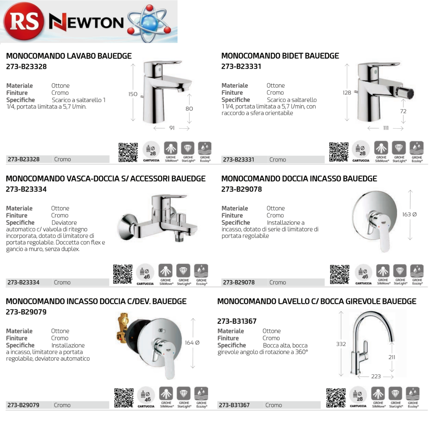 Rubinetto Miscelatore Bagno Lavabo Bidet Vasca Doccia Ottone GROHE BAUEDGE D.X