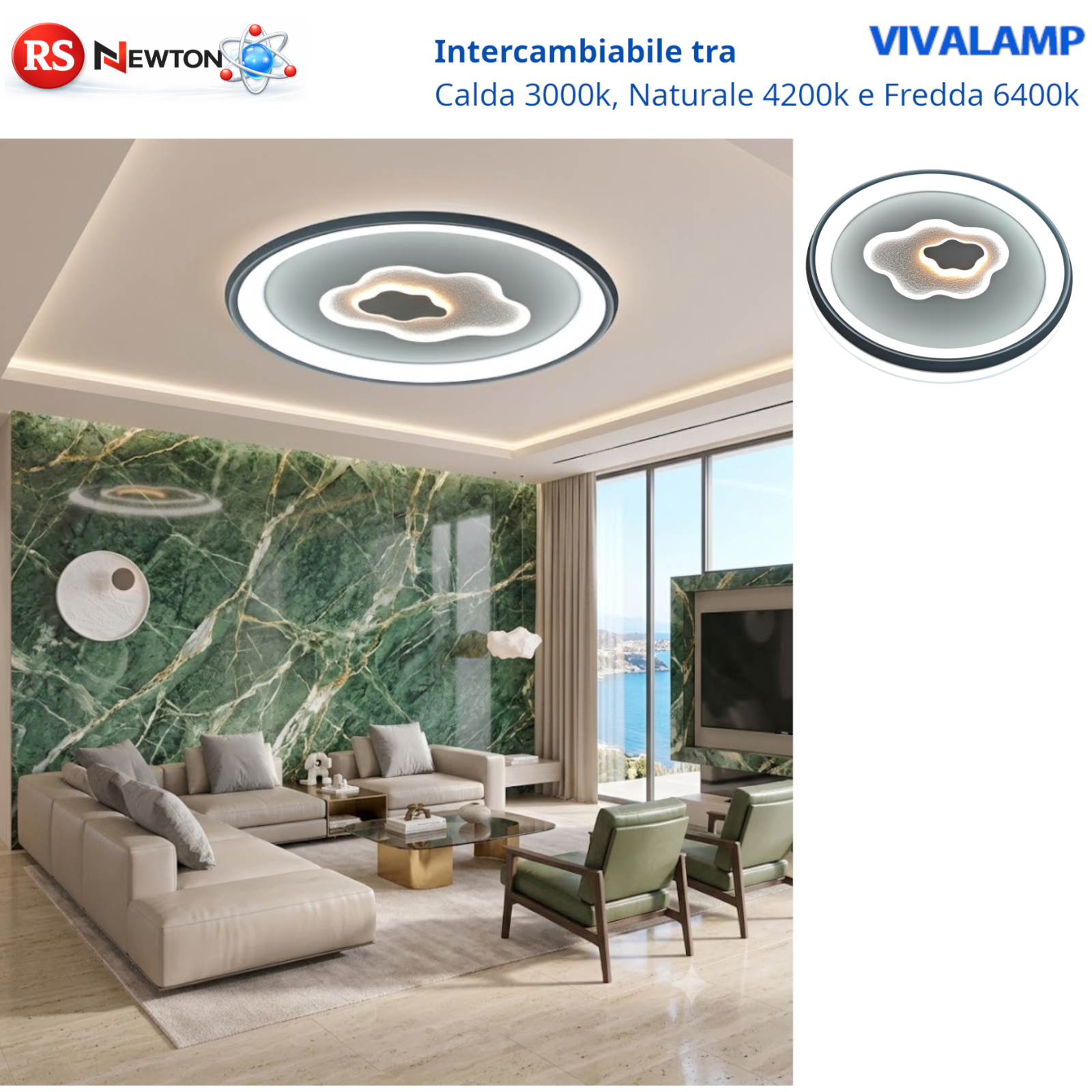 Plafoniera LED Rotonda Bianca 72W Effetto Cristallo 6480 Lumen 3 Colori Luce V.L