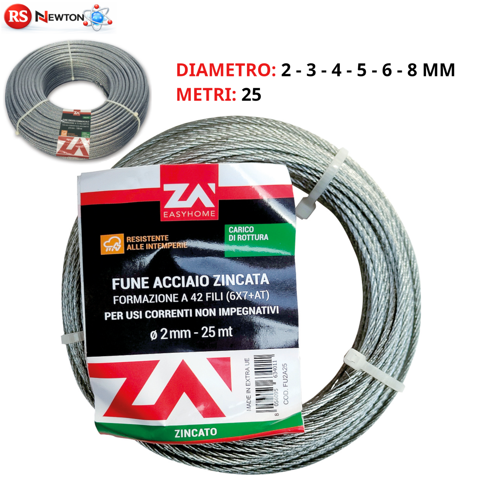 Fune Acciaio ZINCATO Cavo Corda Filo 25 Metri Ø 2 3 4 5 6 mm a 42 Fili VBS