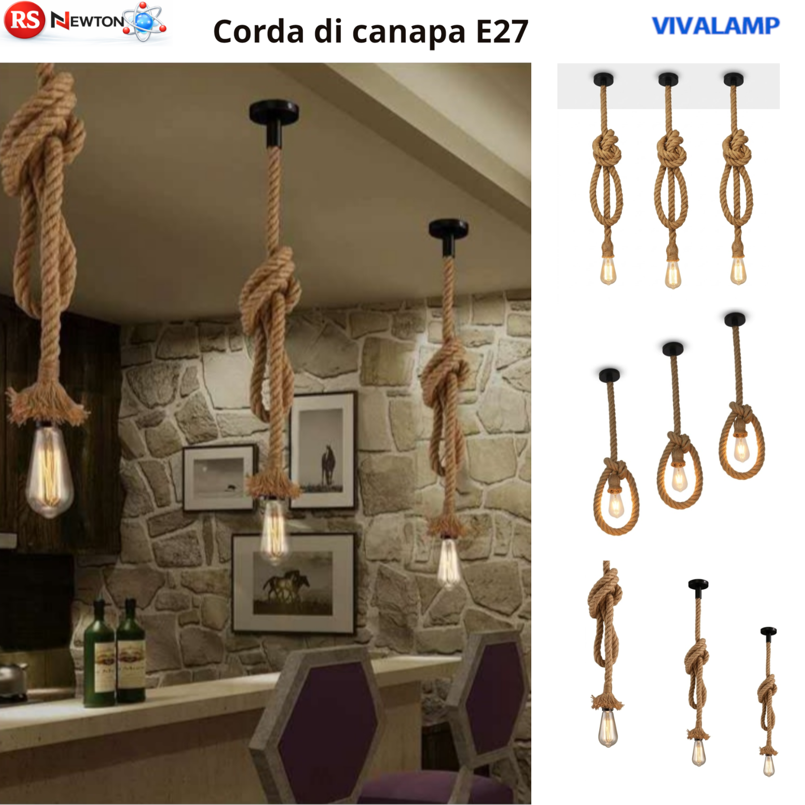Lampada Pendel Corda Canapa E27 Vintage Sospensione Rustica 1,5m Lampadario V.L