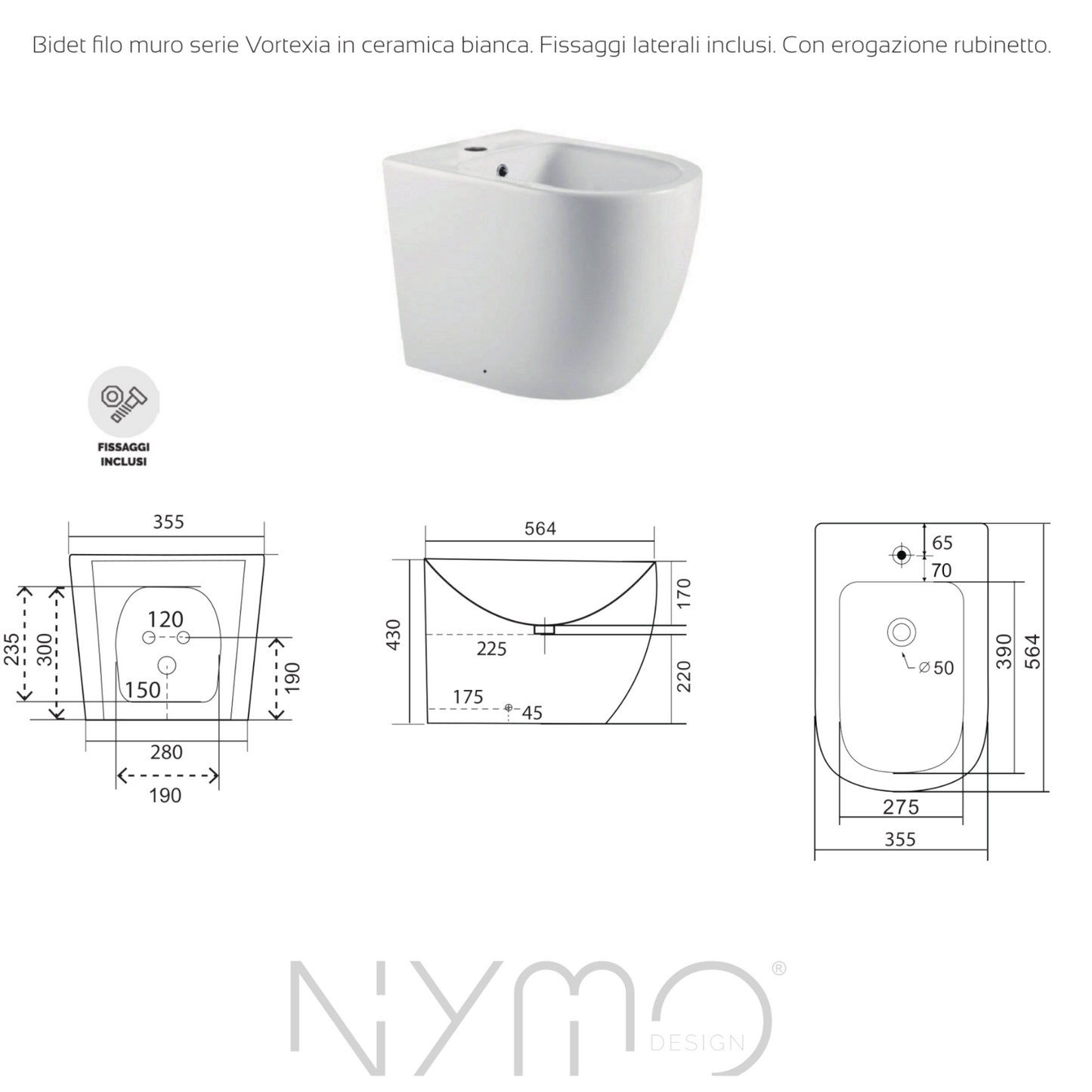 Sanitari Bagno Filo Muro NYMO Vaso WC Bidet Sedile Soft Close Bianco Moderno D.X