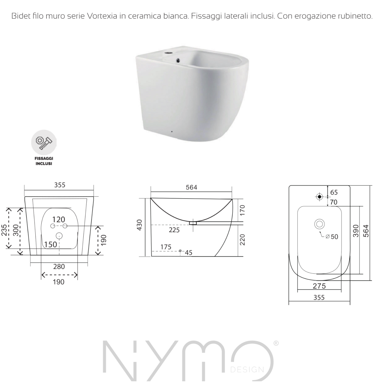 Sanitari Bagno Filo Muro NYMO Vaso WC Bidet Sedile Soft Close Bianco Moderno D.X