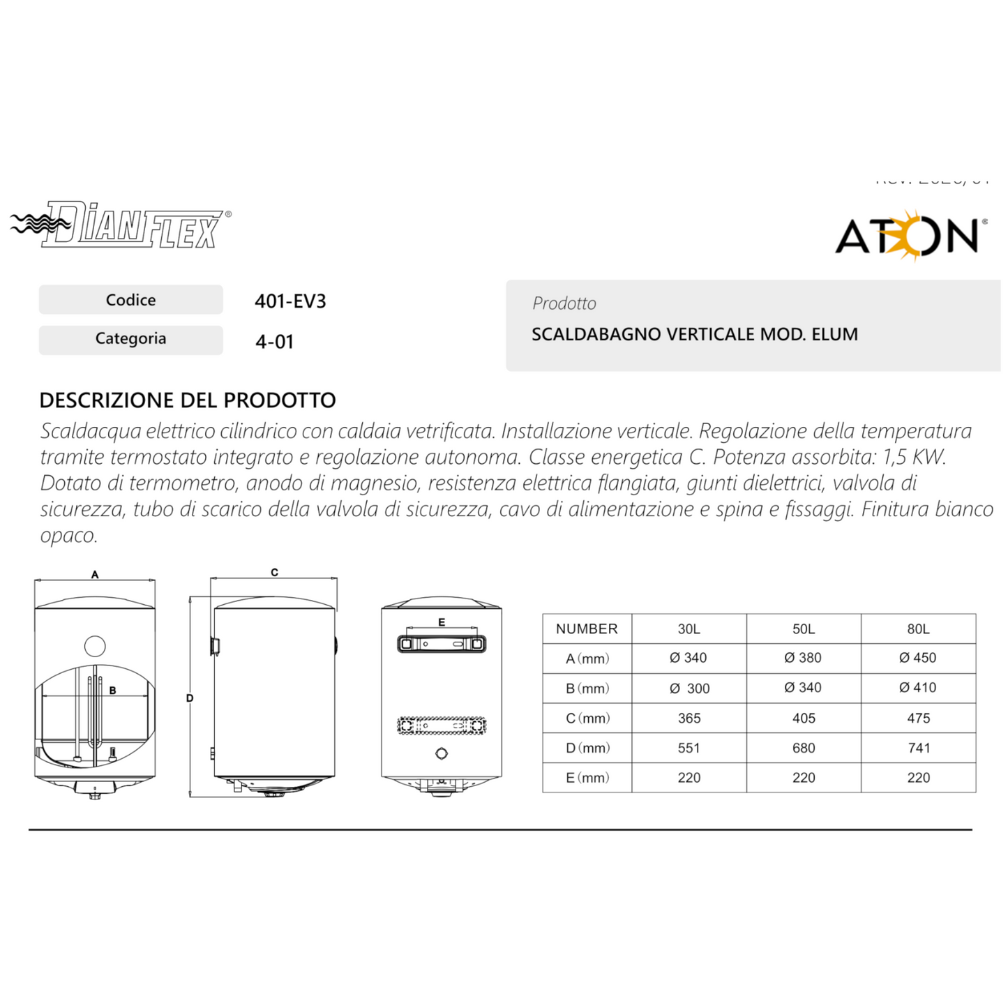 Boiler Elettrico ATON ELUM 30 50 80 L Scaldabagno Verticale Acqua Calda Casa D.X