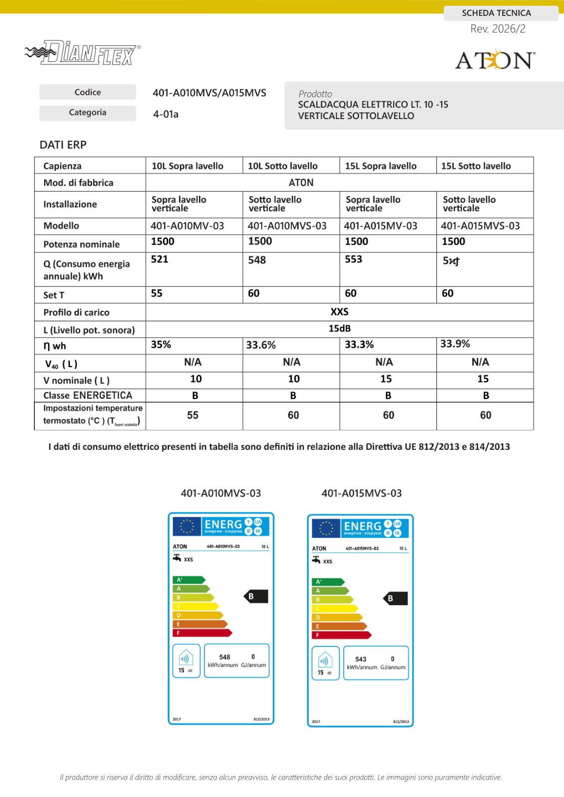 Scaldacqua Elettrico 10 Lt Sottolavello Boiler Acqua Calda Verticale Cucina D.X