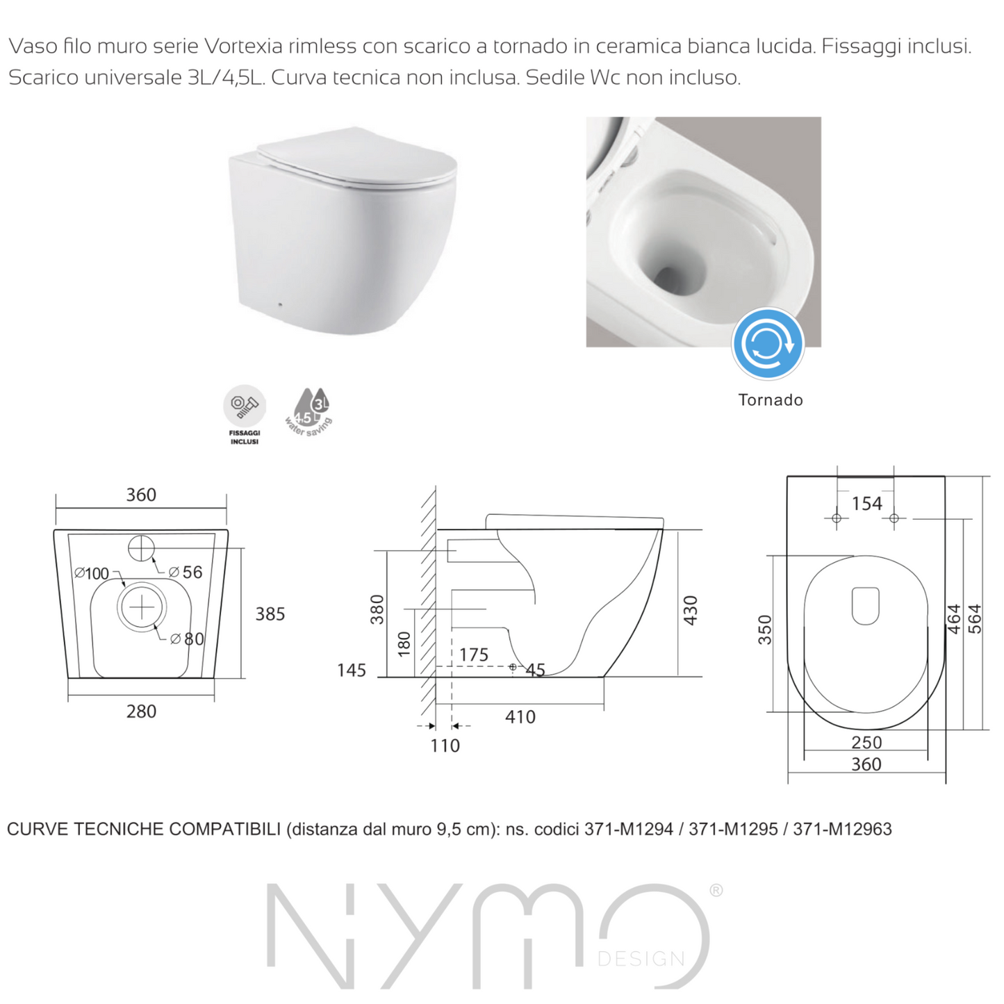 Sanitari Bagno Filo Muro NYMO Vaso WC Bidet Sedile Soft Close Bianco Moderno D.X