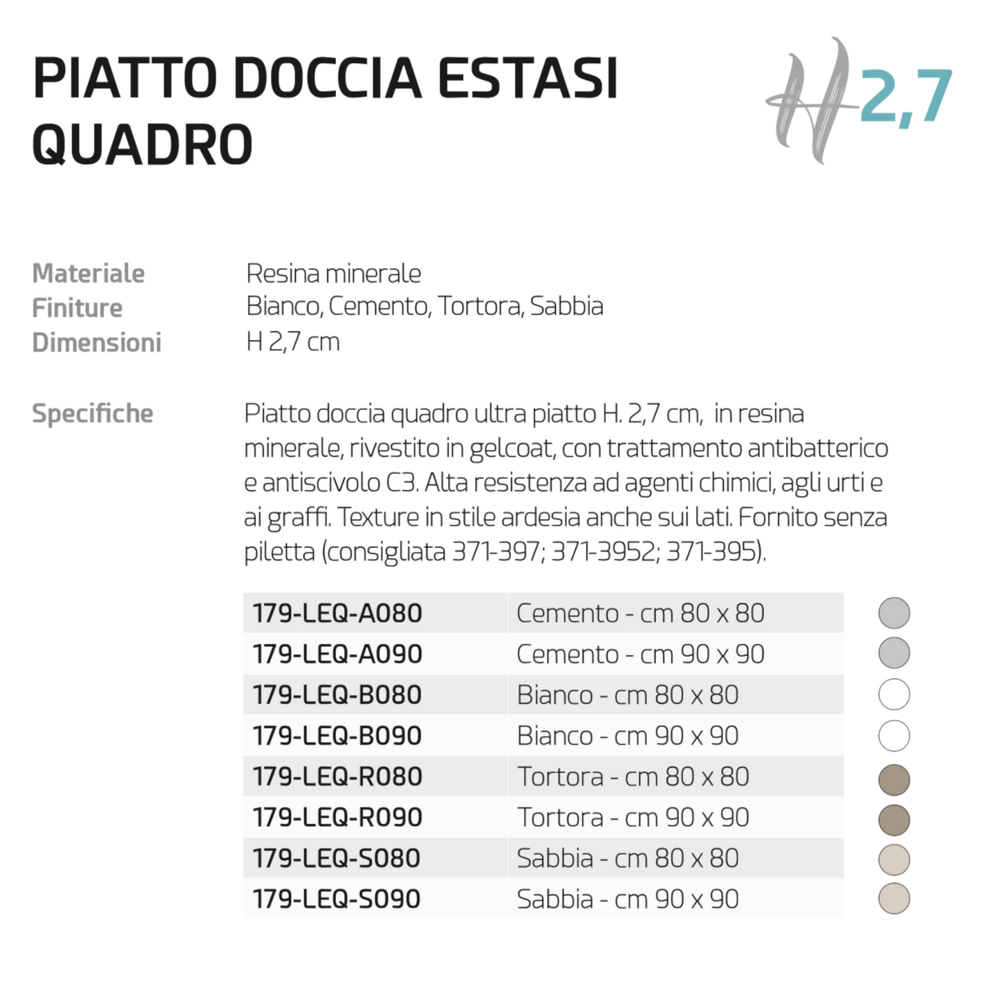 Piatto Doccia Quadrato 80x80 90x90 LINPHA Resina Effetto Ardesia Antiscivolo D.X