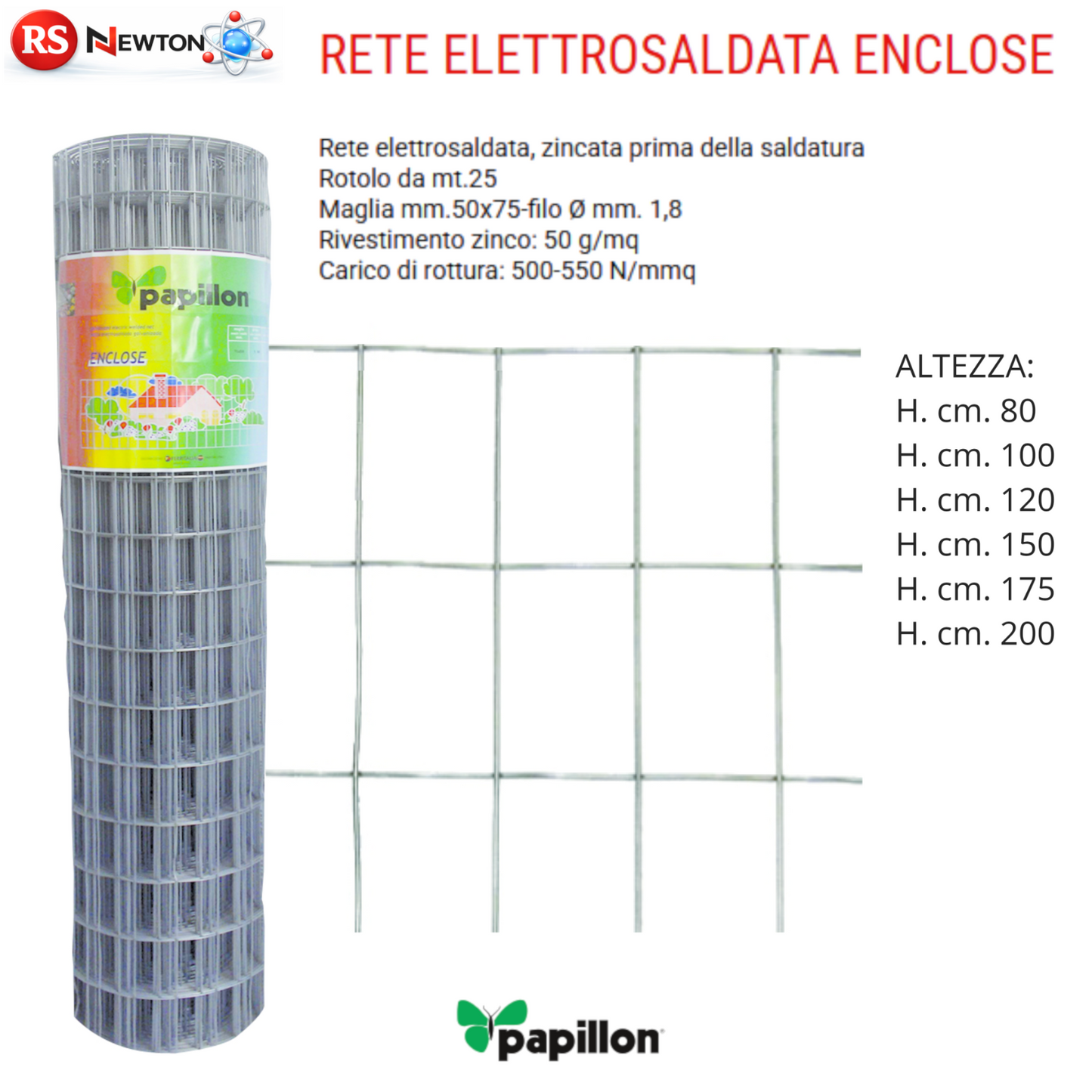Rete Elettrosaldata Zincata 25 M Recinzione Maglia 50x75 Filo 1,8 mm H80-200 VBS
