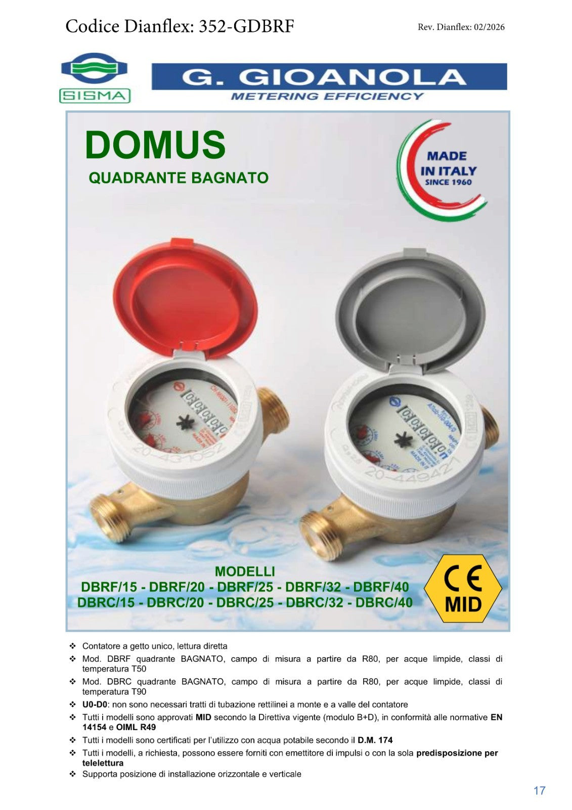 Misuratore Contatore Acqua Fredda T50 R80 Getto Unico Quadrante Bagnato D.X