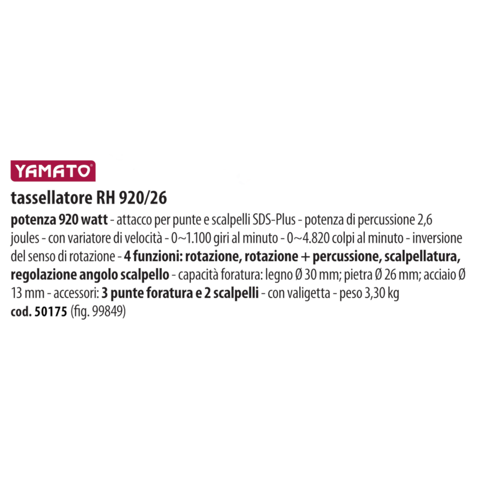 Martello Tassellatore SDS Plus 920W 4 Funzioni Trapano Demolitore +Kit Punte VBS