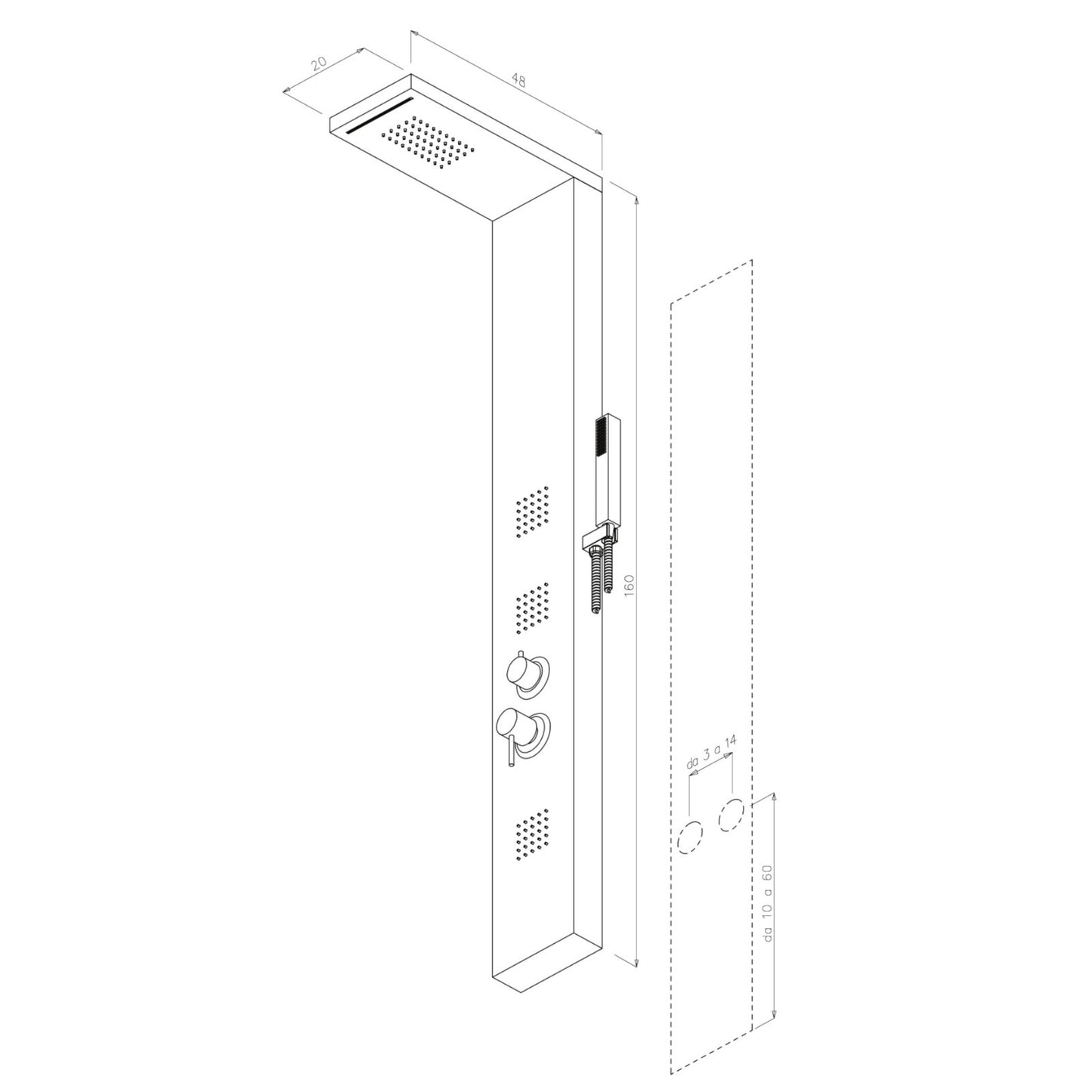 Pannello Doccia Anticalcare INOX ASISI 304 Effetto Cascata Cromo Satinato D.X